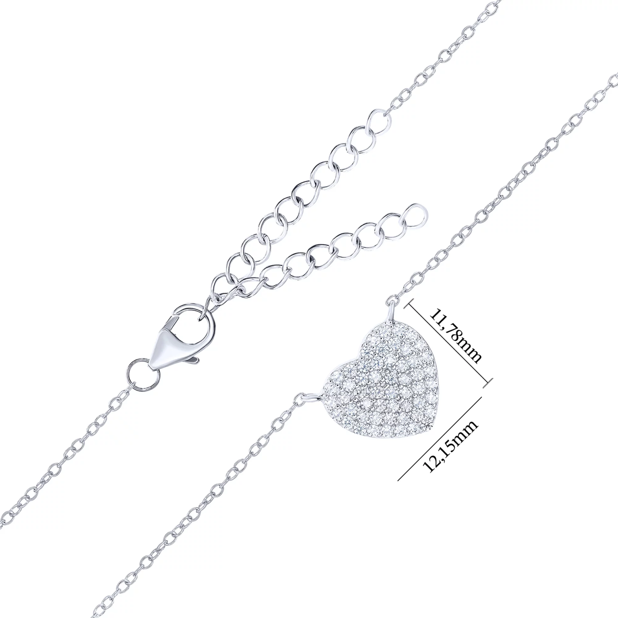 Срібне кольє з підвіскою "Сердечко" та розсипом фіанітів плетіння якір - 1592775 – зображення 3