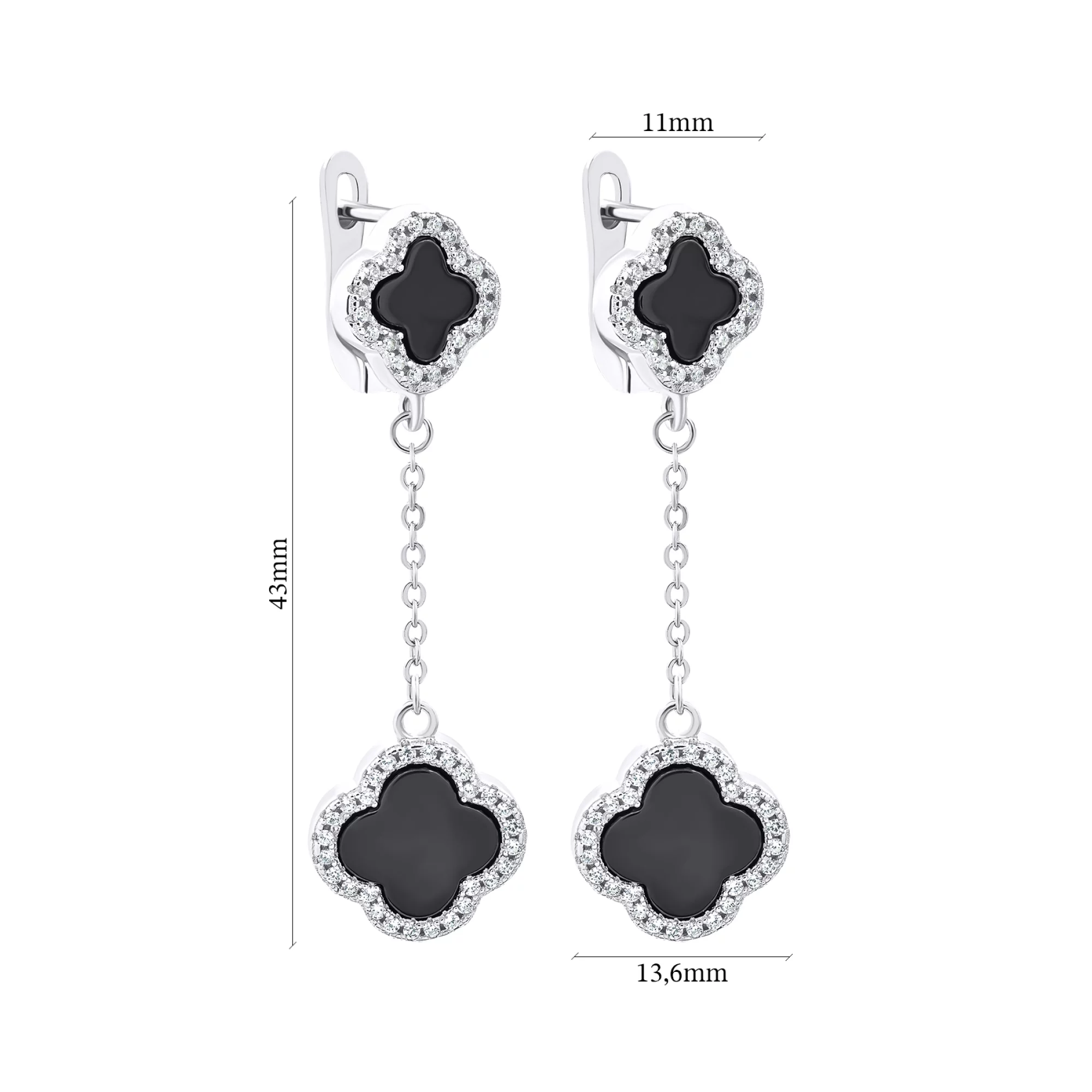 Срібні сережки з підвісками конюшина з оніксом та фіанітами - 1520595 – зображення 3