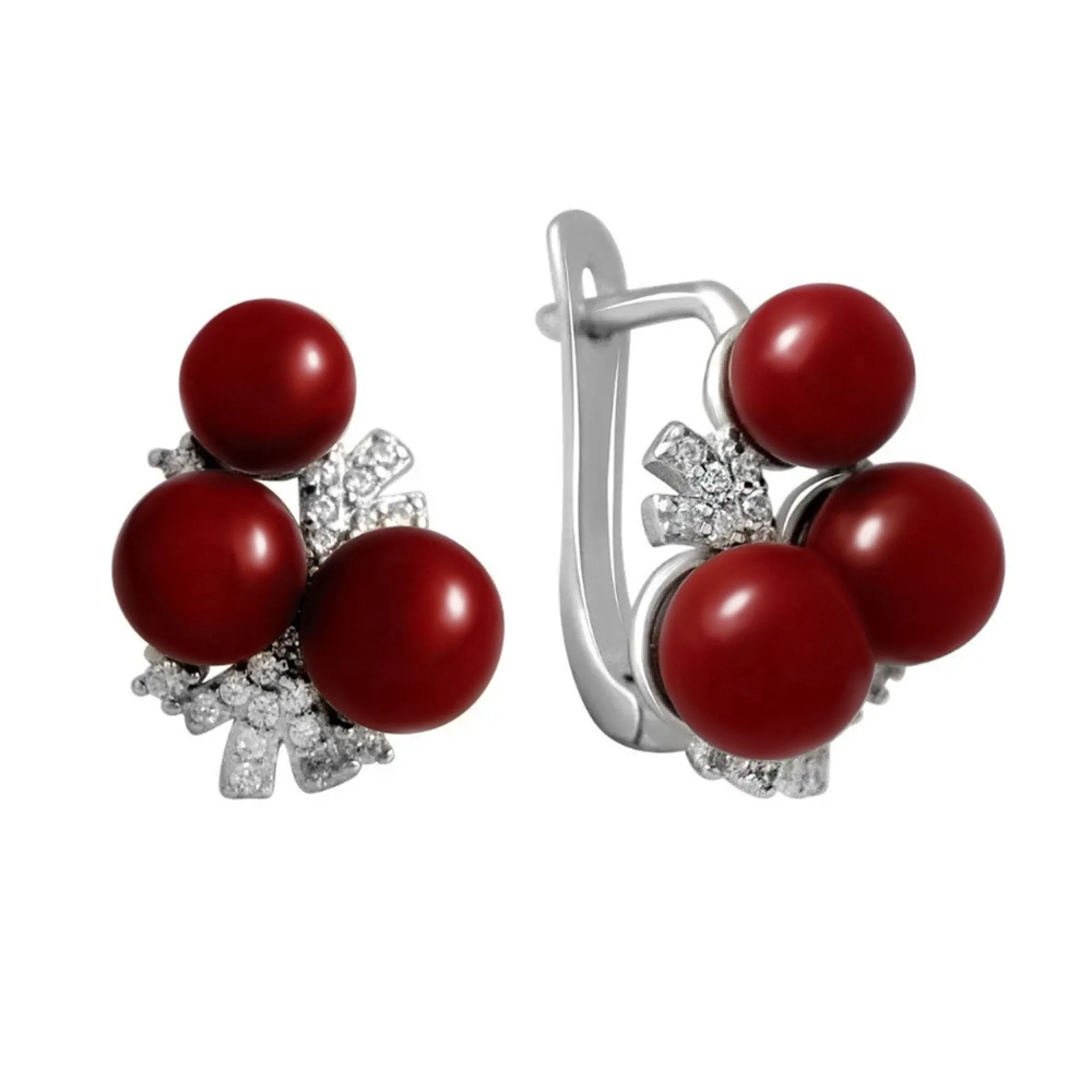 Сережки с кораллом и фианитами из серебра "Калина" - 1454749 - 1