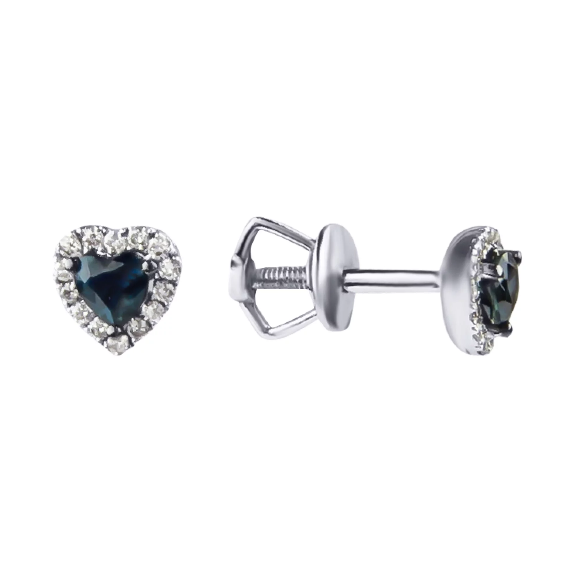 Сережки-гвоздики "Сердце" с бриллиантом и сапфиром - 969380 – изображение 1