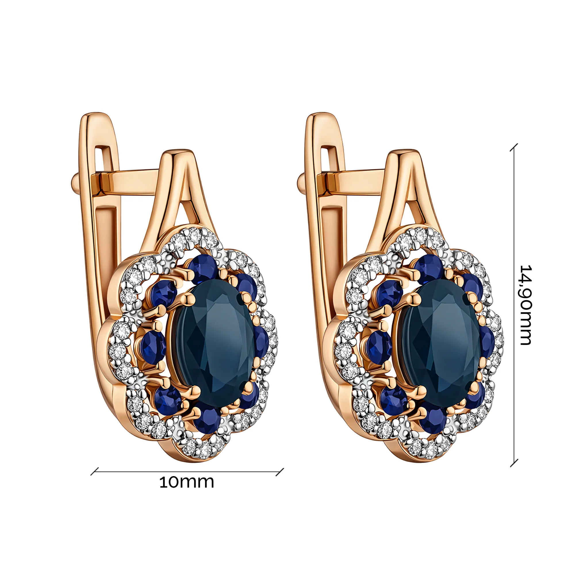 Стильные сережки "Цветок" из красного золота с бриллиантами и сапфирами - 1931338 - 3