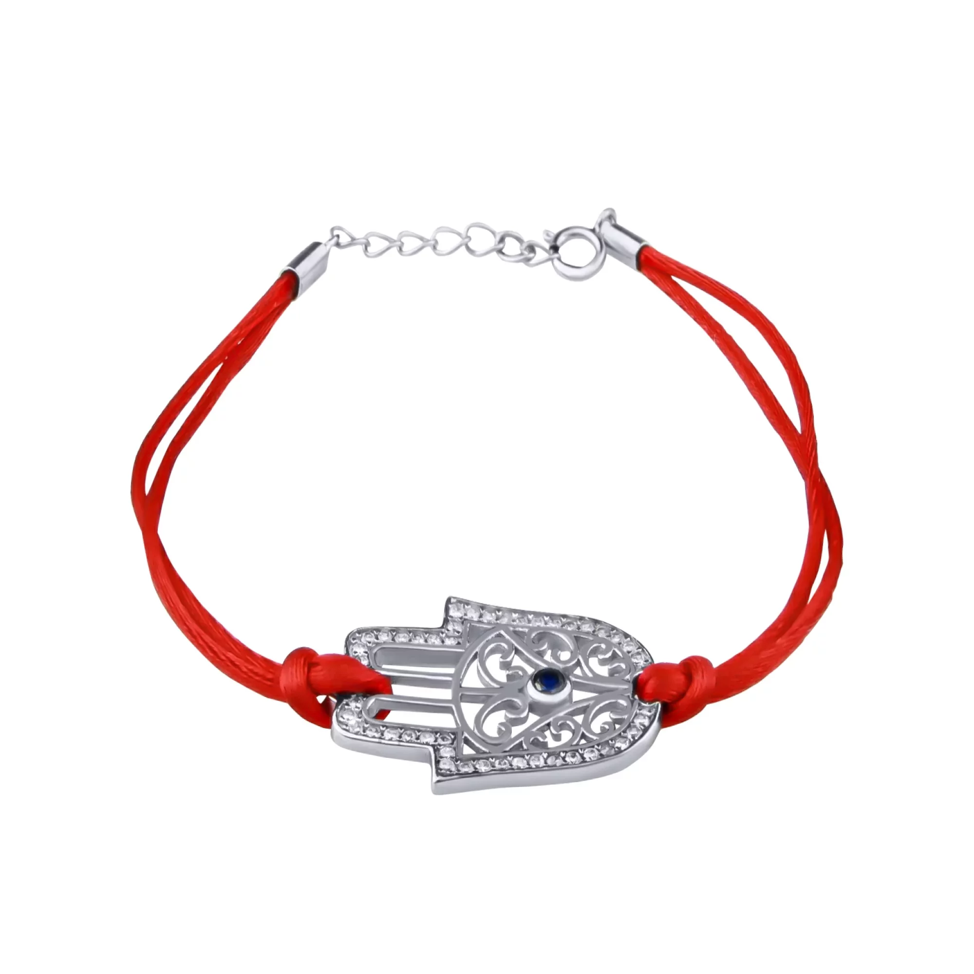 Браслет из красной нитки с серебром и фианитом "Хамса" - 426687 – изображение 1