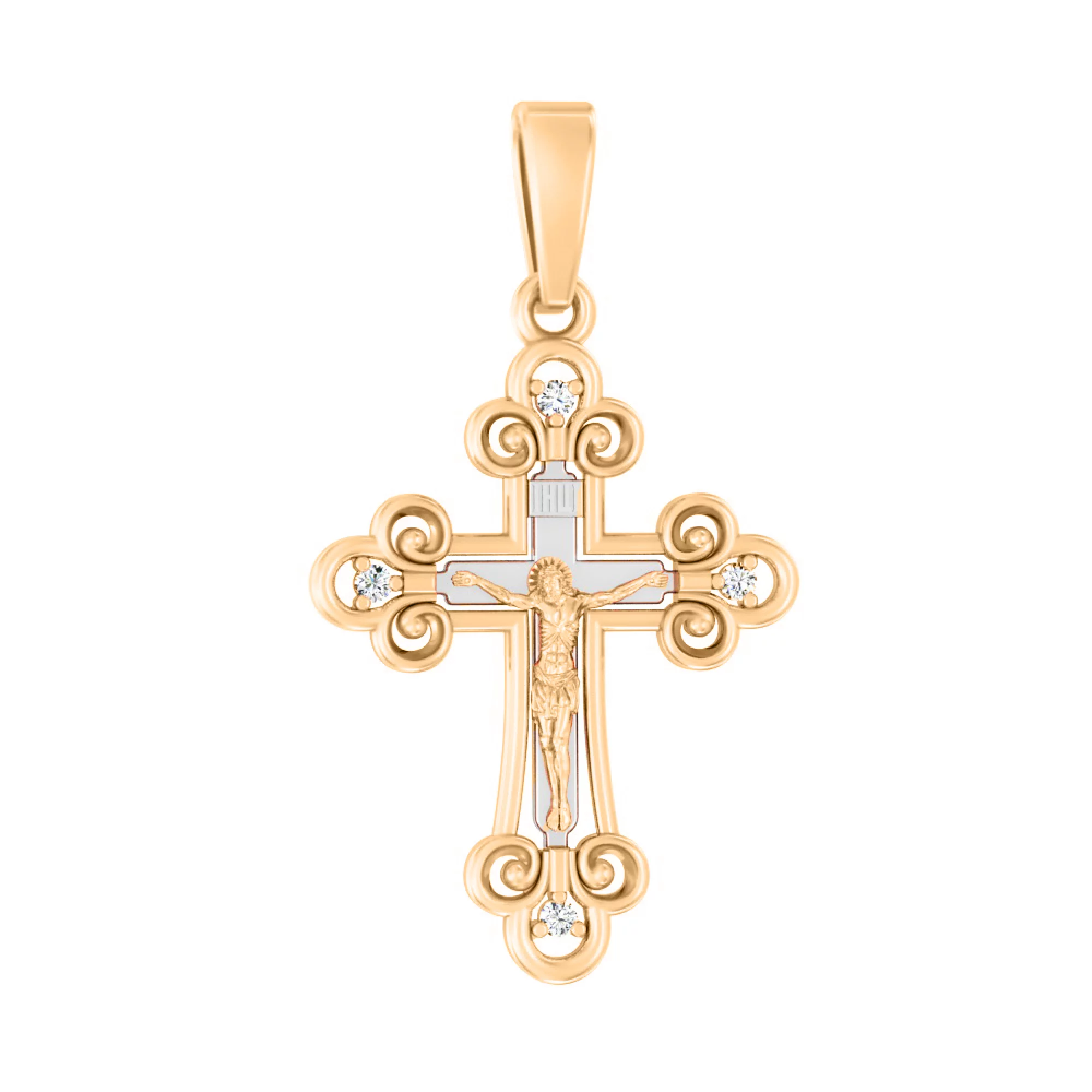 Золотой нательный крестик с распятием и фианитами - 1642727 – изображение 1