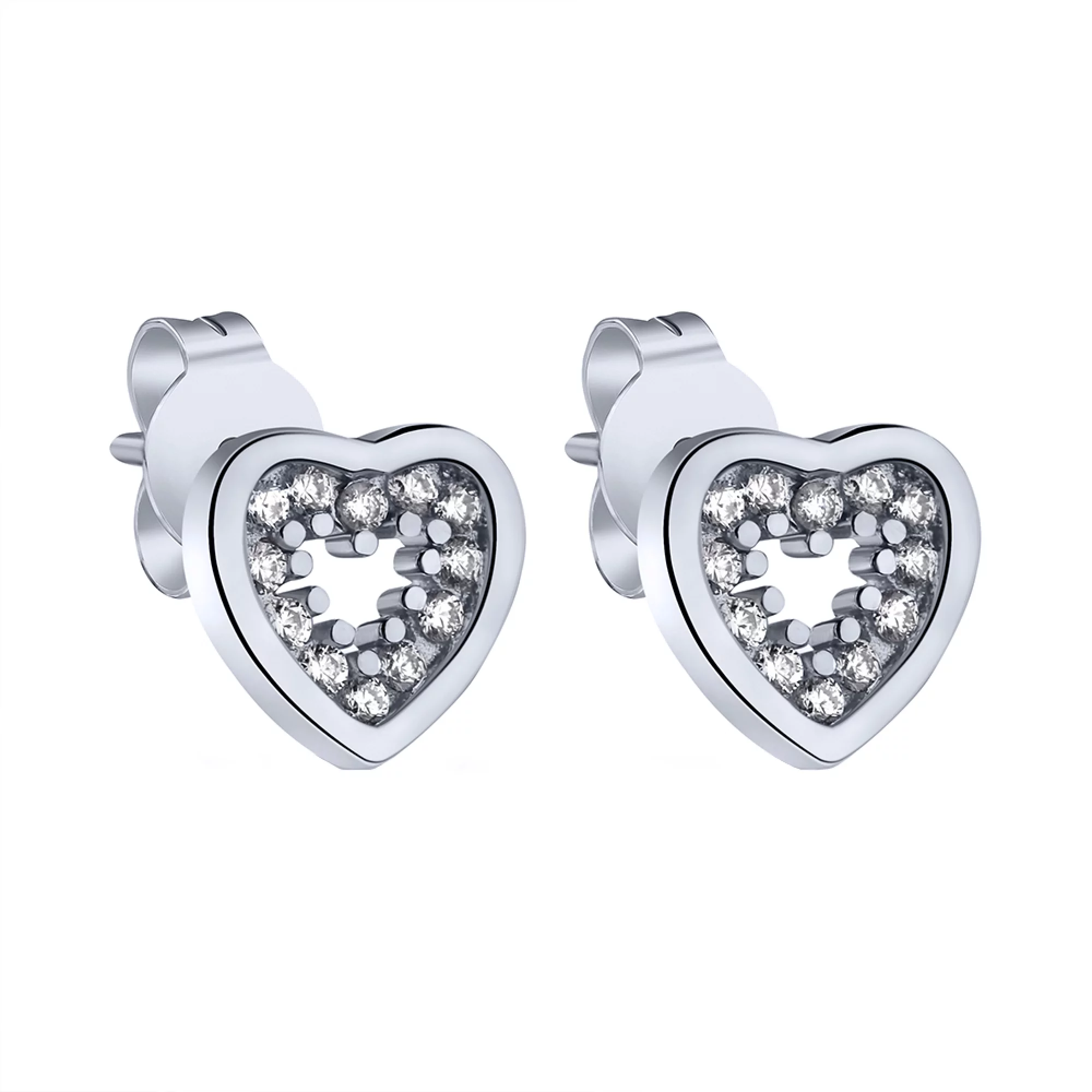 Серьги-гвоздики "Сердце" из серебра с фианитами - 1786776 – изображение 1