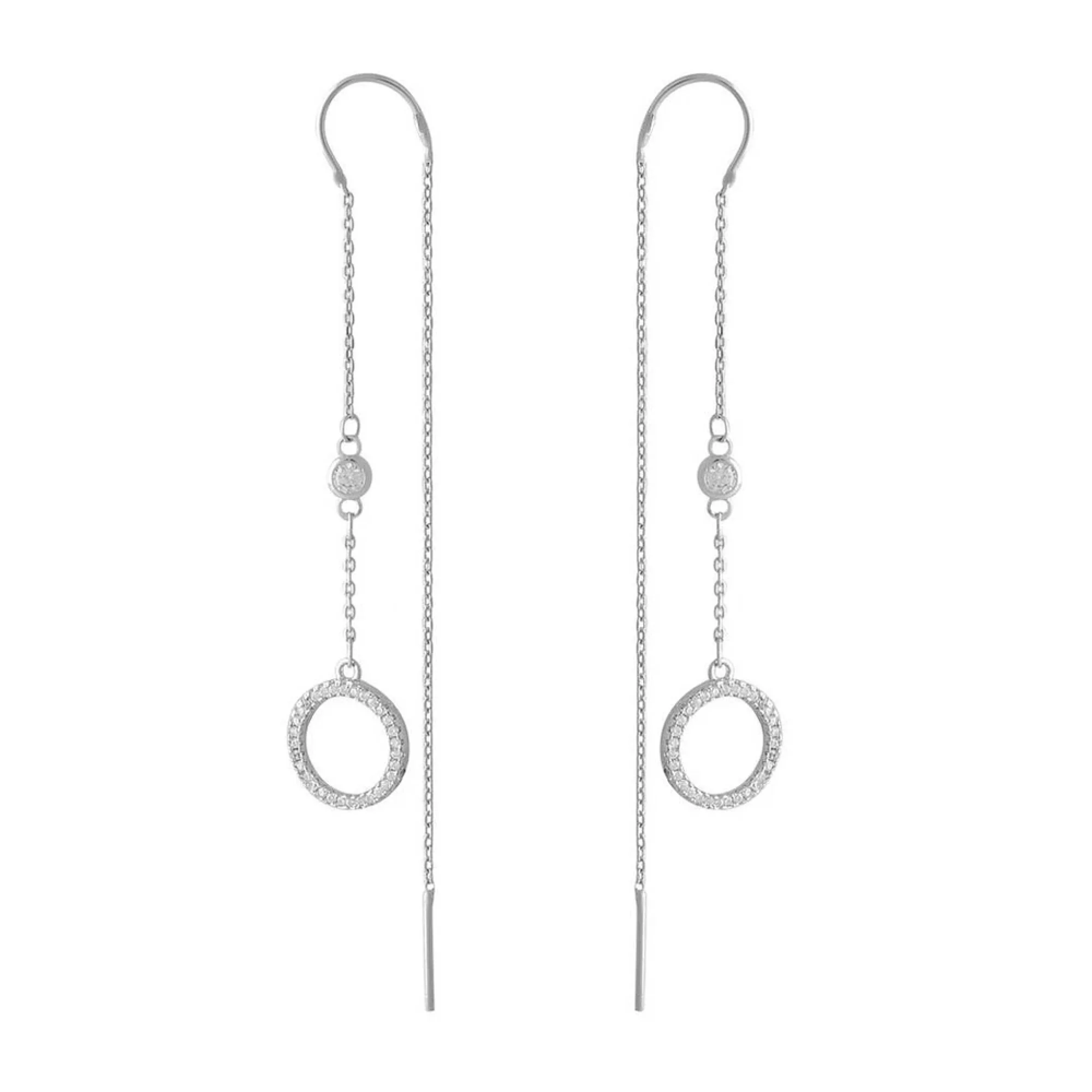Сережки-протяжки зі срібла з підвісками "Кільця" з фіанітами - 1544852 – зображення 1