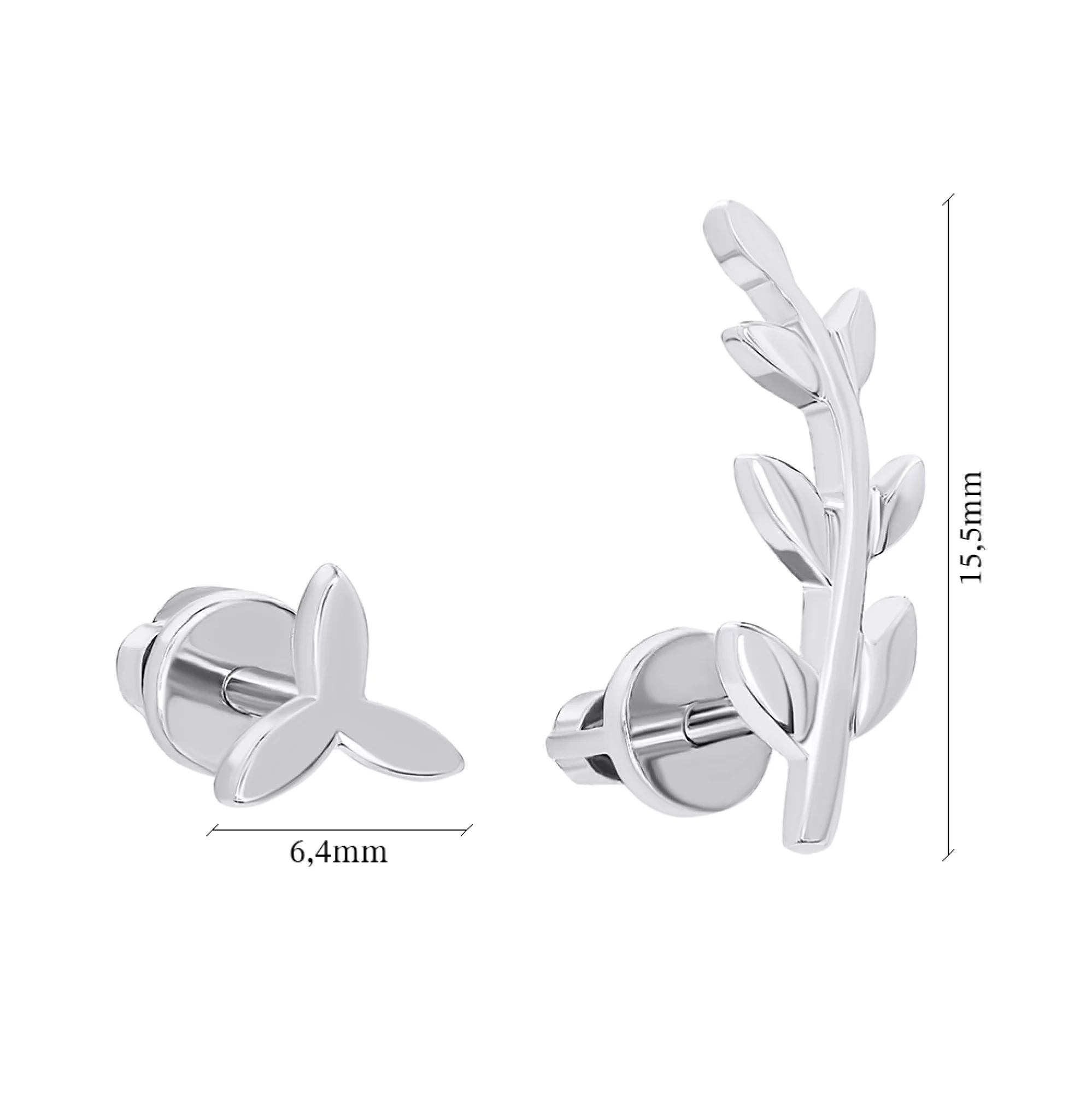 Срібні сережки-гвоздики  у формі гілочки - 1487244 – зображення 3