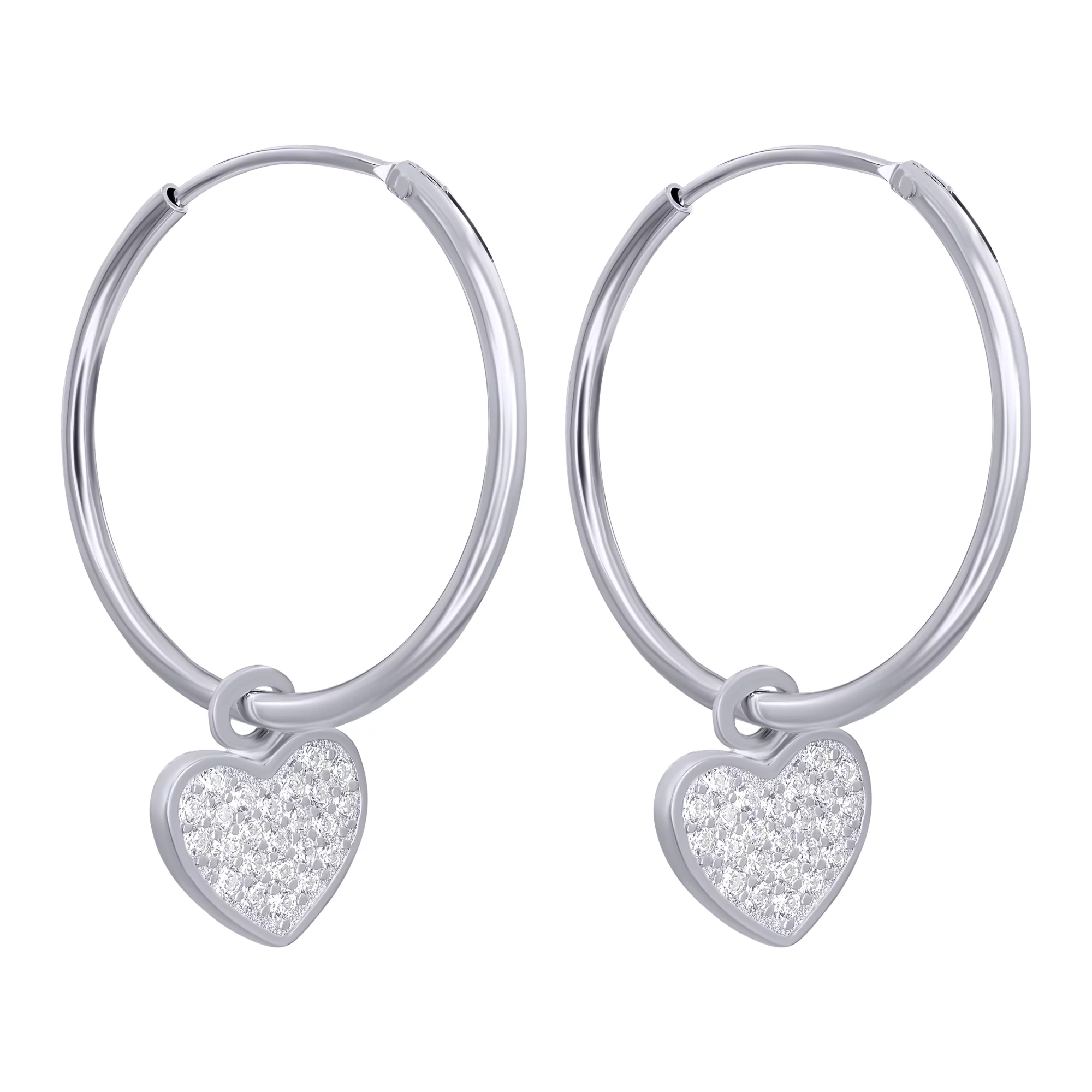 Сережки-кільця зі срібла з "Сердечками" і фіанітом - 1352855 – зображення 1