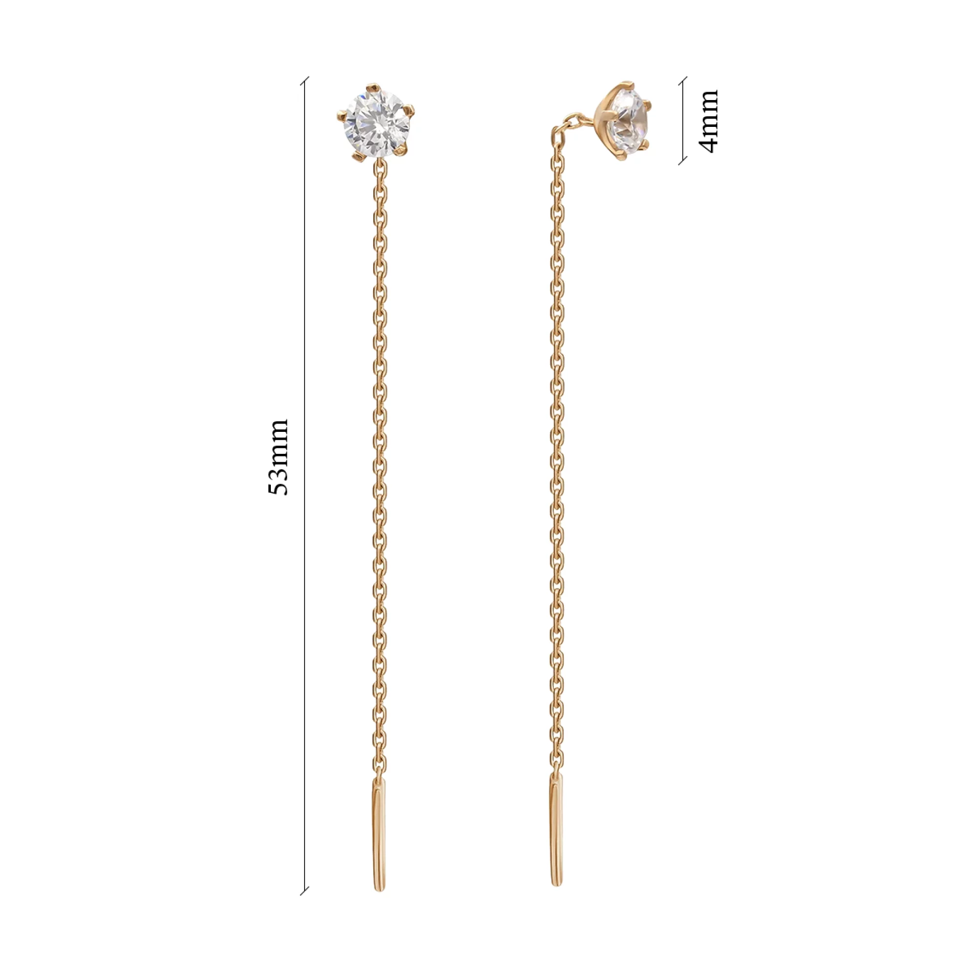 Золотые серьги-протяжки с фианитом - 594968 – изображение 2