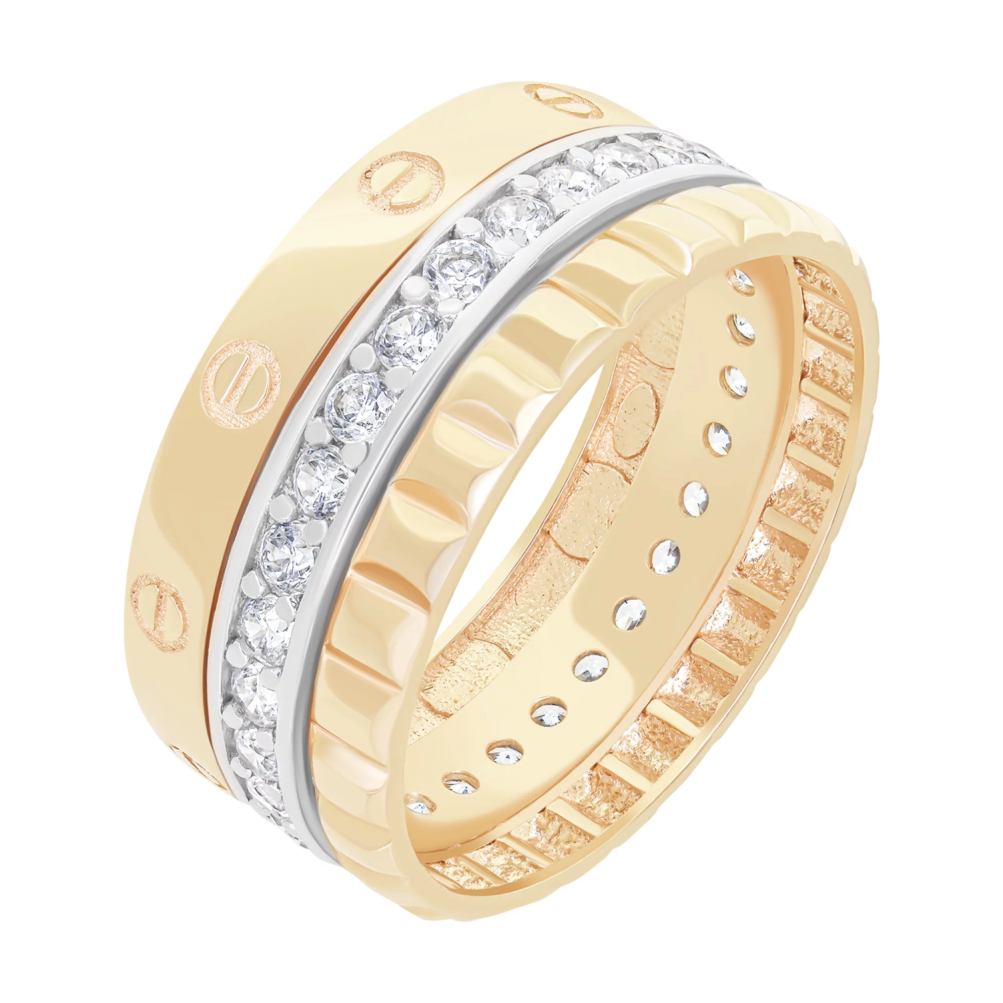 Кольцо тройное в красном и белом золоте "Love" с дорожкой фианитов - 1629435 – изображение 1