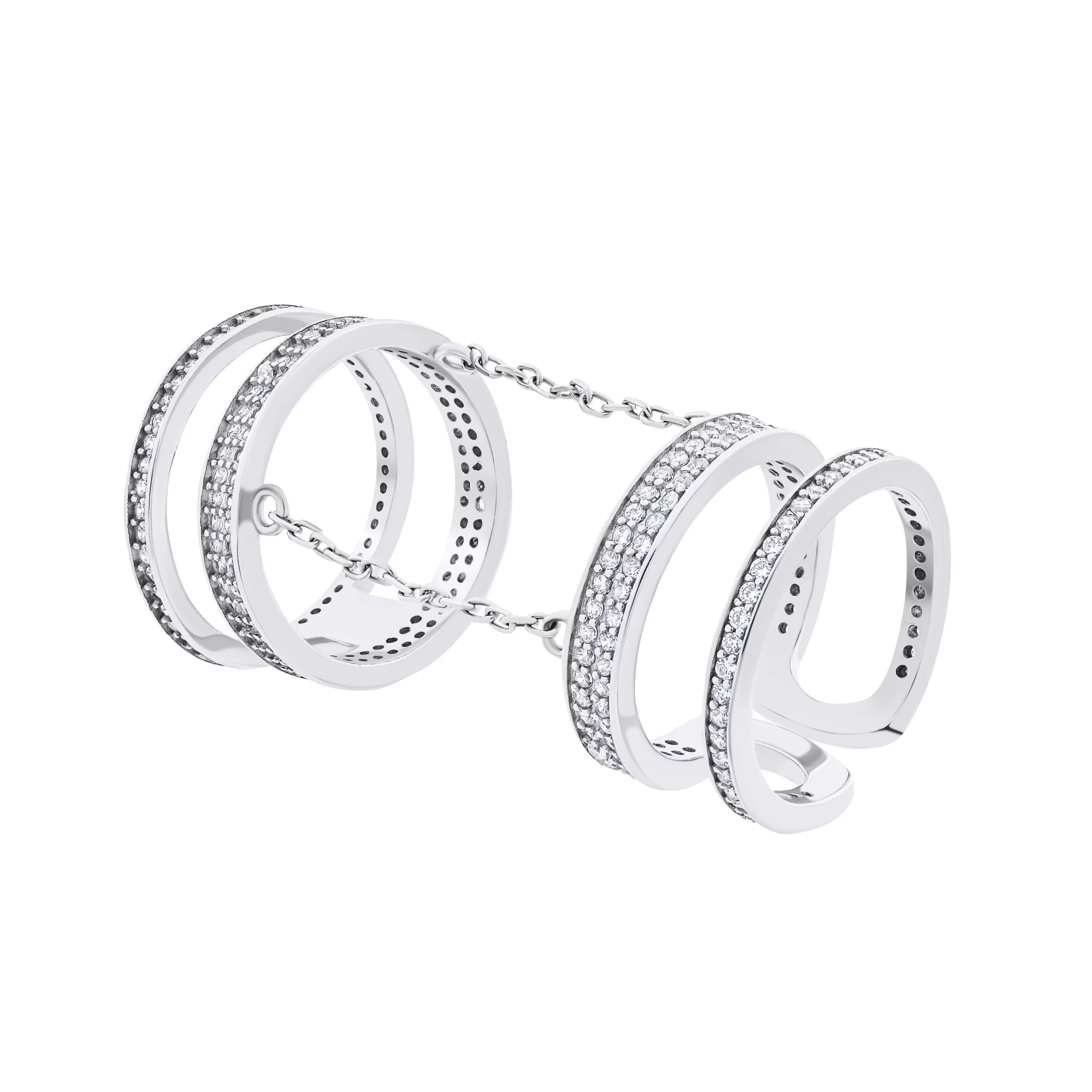 Кольцо двойное из серебра с фианитами и цепочками на фалангу - 1528915 – изображение 1