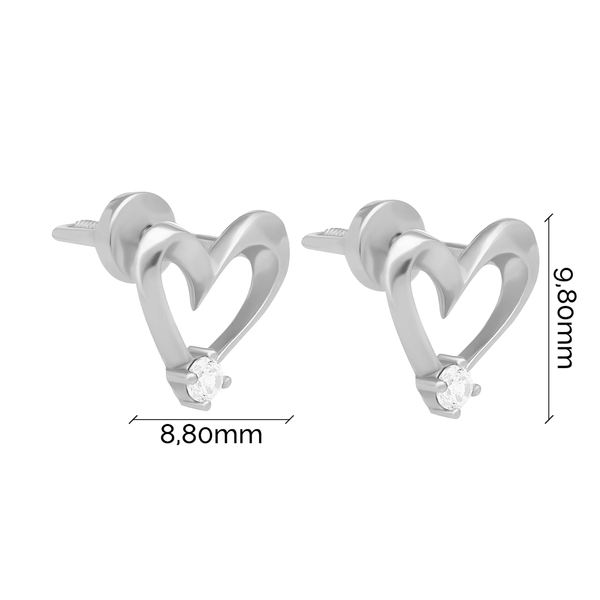 Сережки-гвоздики з білого золота "Серце" з фіанітом - 1738080 – зображення 6