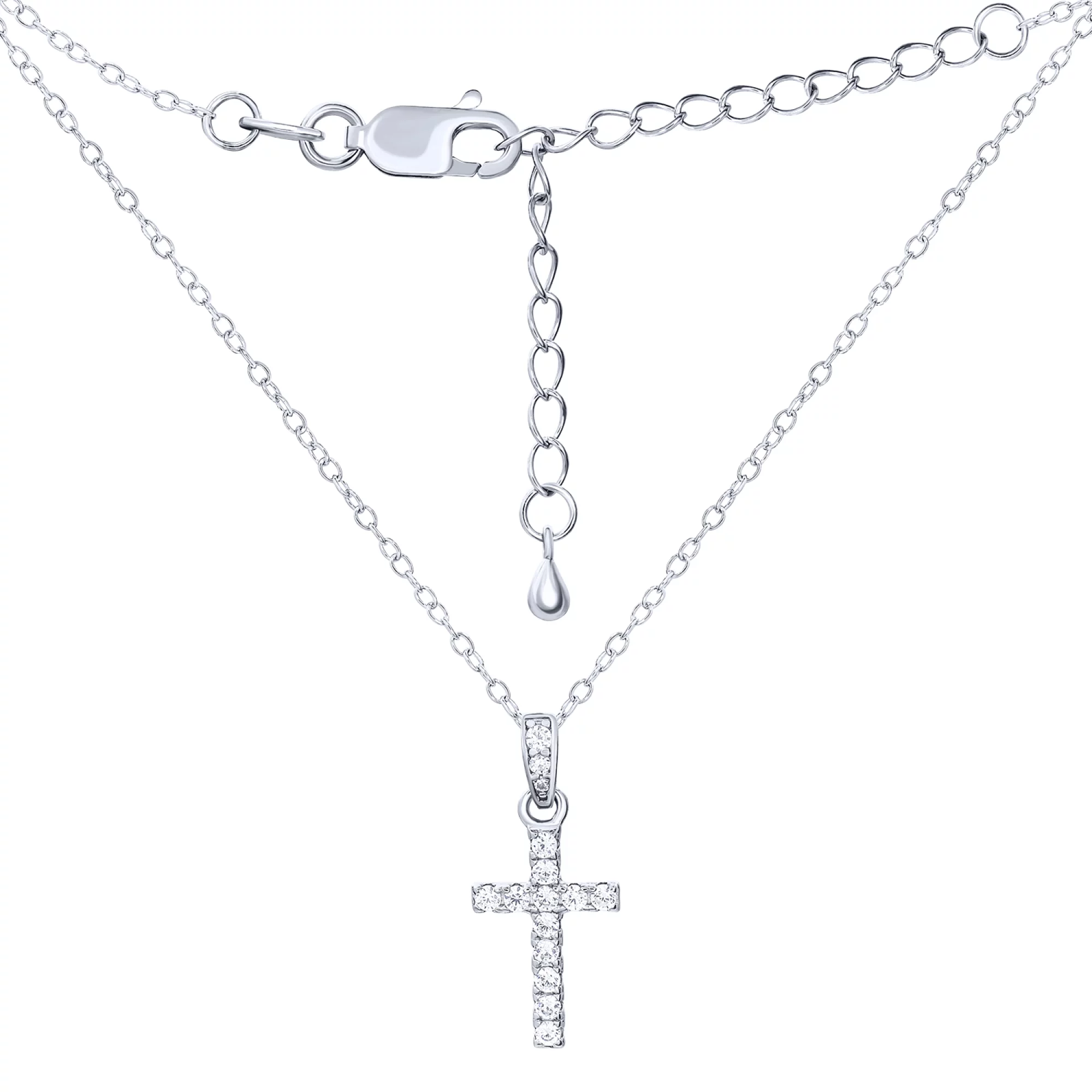 Цепочка серебряная с подвеской "Крест" и фианитами якорное плетение - 1592039 – изображение 1