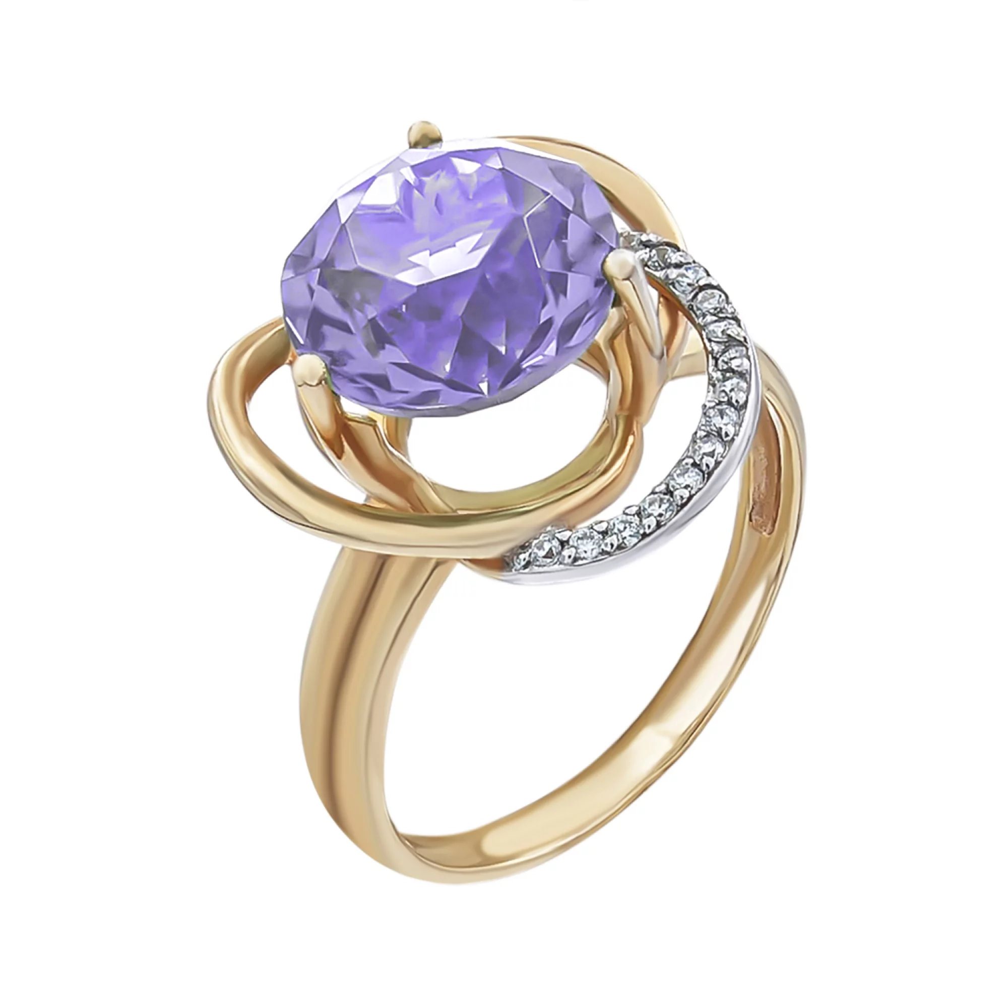 Золотое кольцо с аметистом и фианитами - 538346 – изображение 1