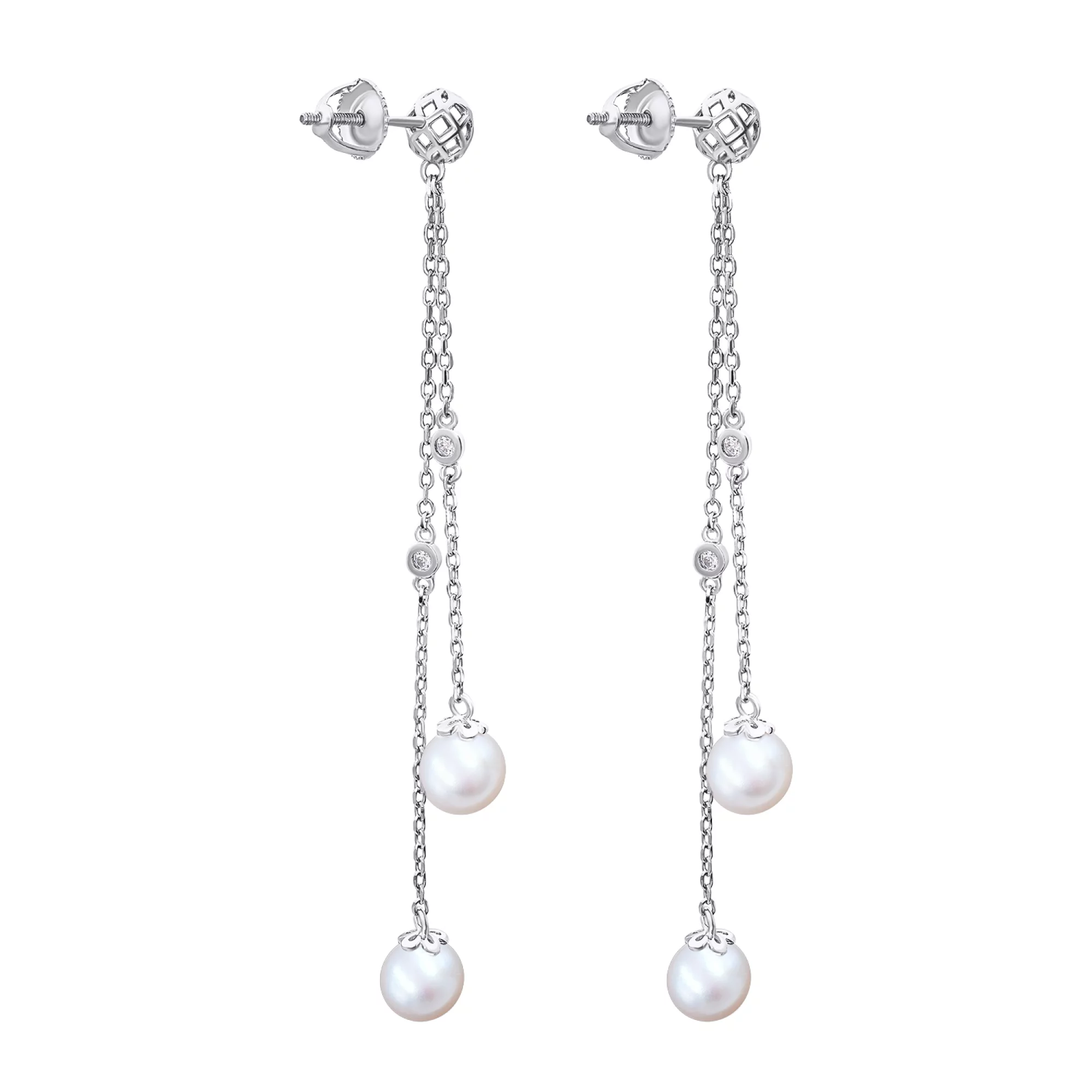 Сережки-гвоздики с подвесами с жемчугом и фианитом из серебра - 1468760 – изображение 2