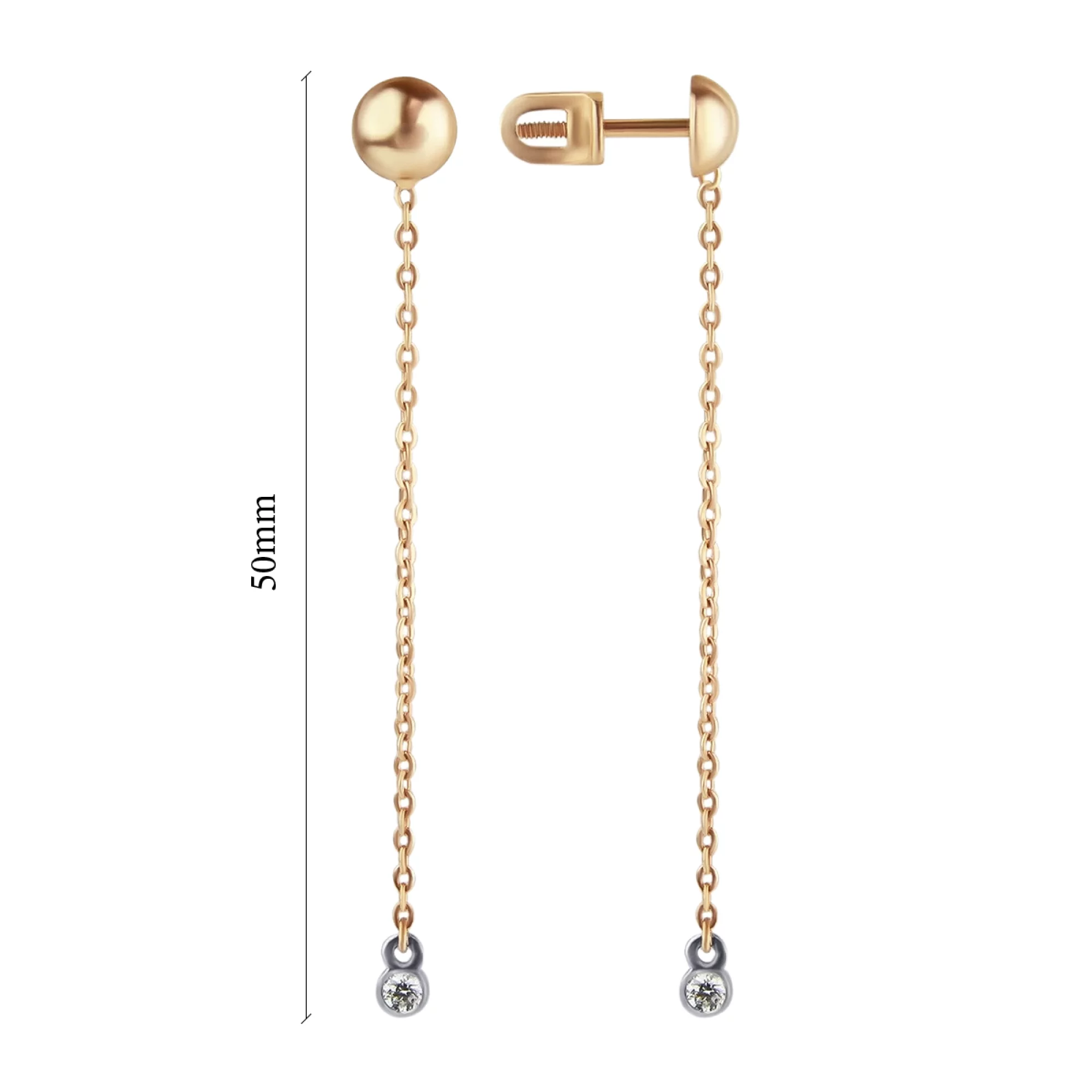Сережки-гвоздики з комбінованого золота з діамантом - 798649 – зображення 2