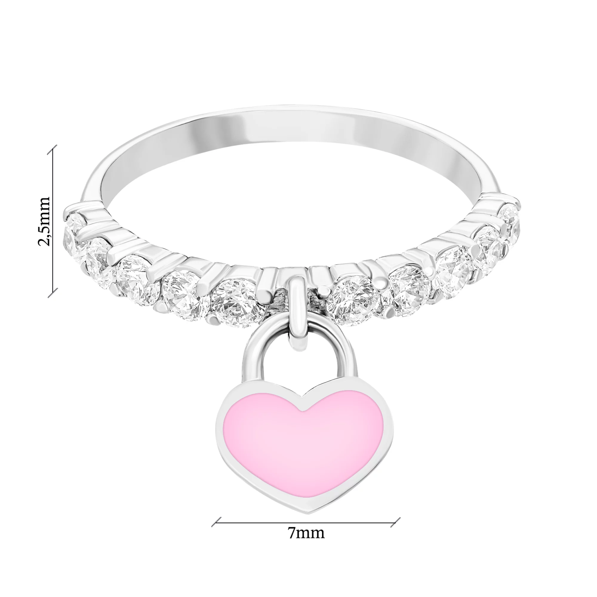 Серебряное кольцо с дорожкой фианитов и подвеской "Сердце" с эмалью - 1552580 – изображение 3
