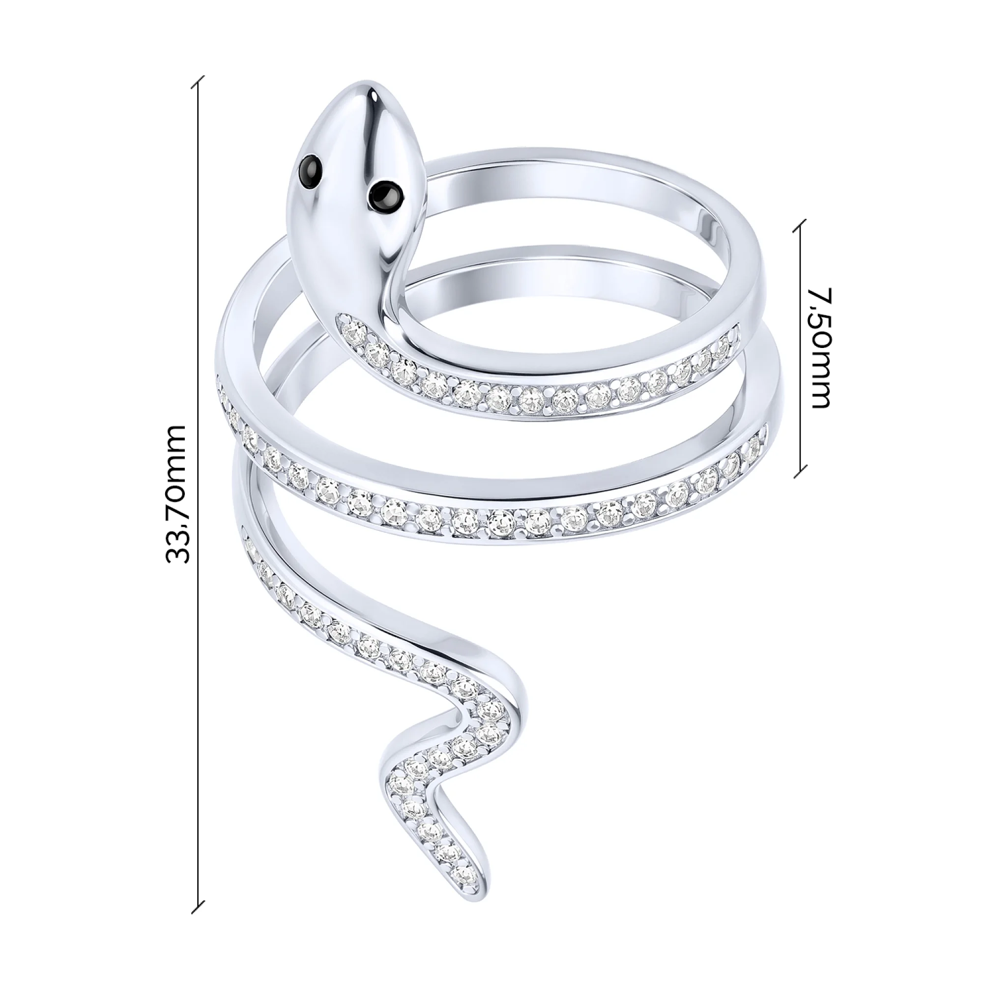 Срібна незамкнута каблучка "Змія" з фіанітами - 2170944 - 3