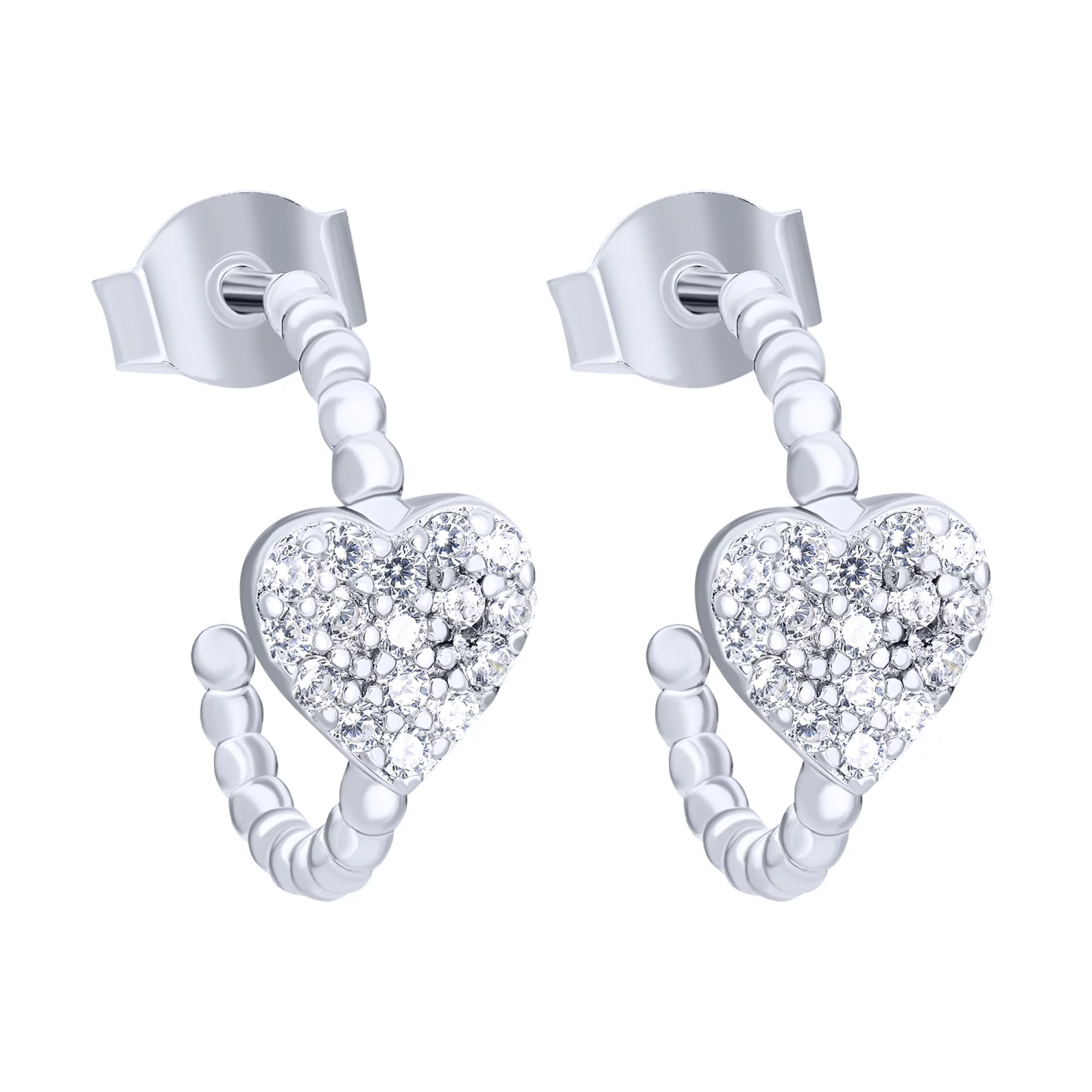 Серебряные серьги-гвоздики "Сердце" с фианитами - 1572603 – изображение 1