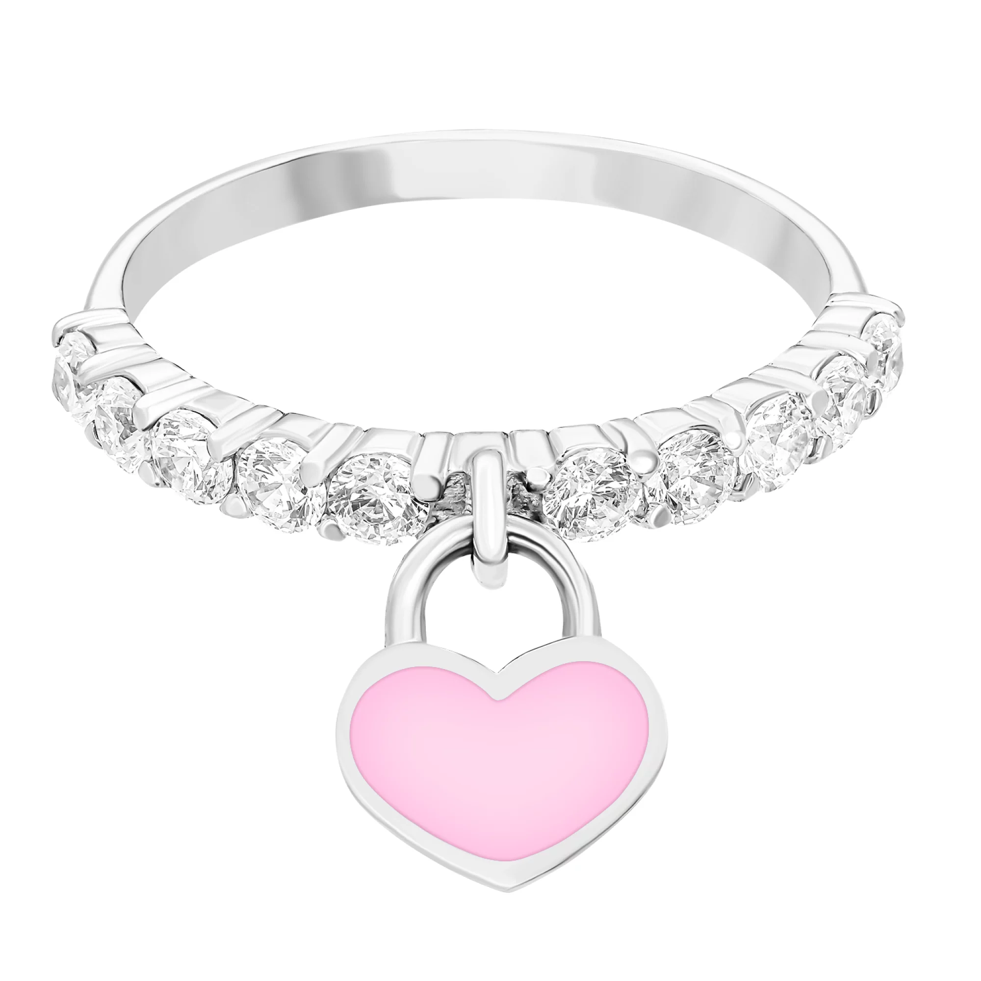 Серебряное кольцо с дорожкой фианитов и подвеской "Сердце" с эмалью - 1552580 – изображение 2