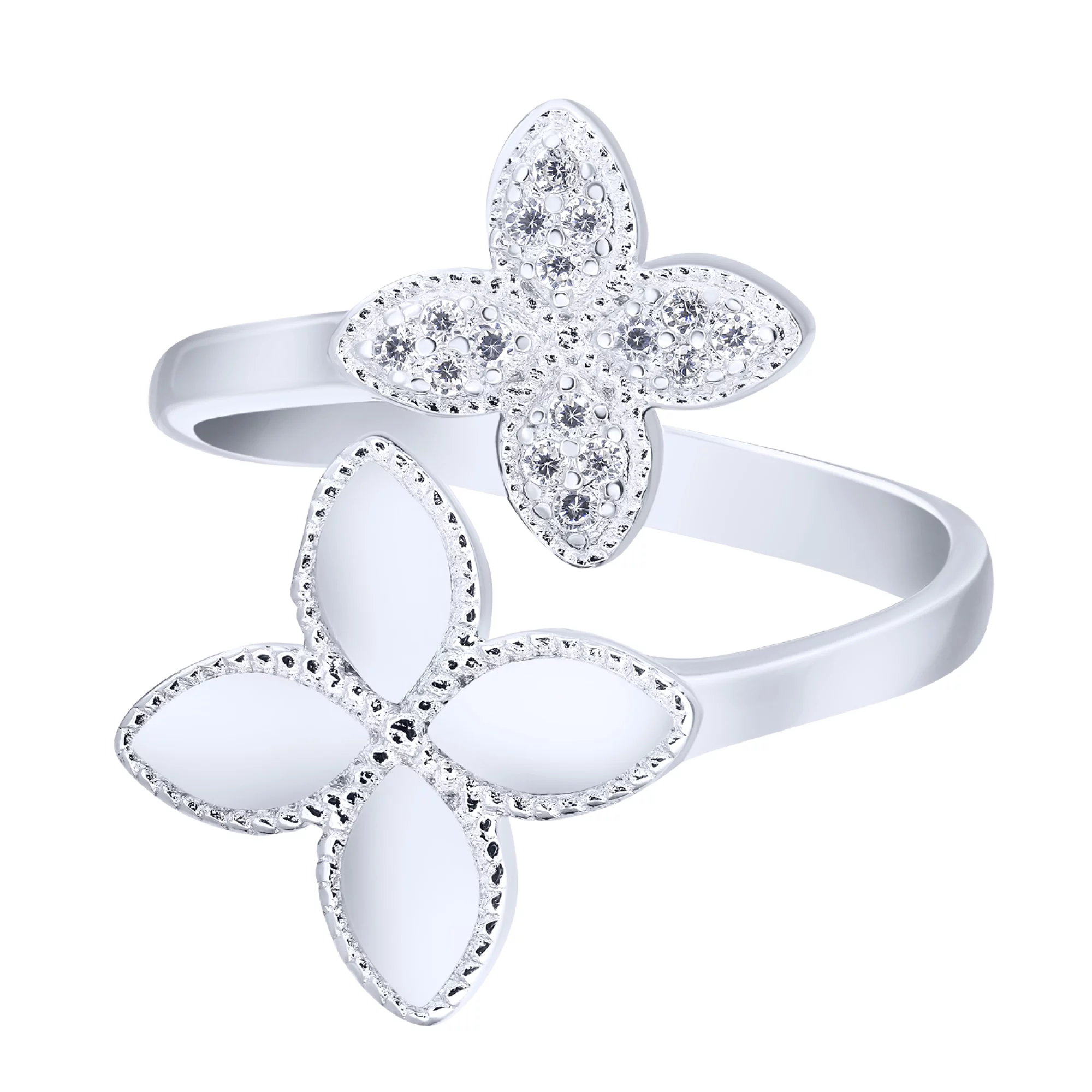 Серебряное незамкнутое кольцо "Цветы" с фианитами - 1742853 – изображение 2