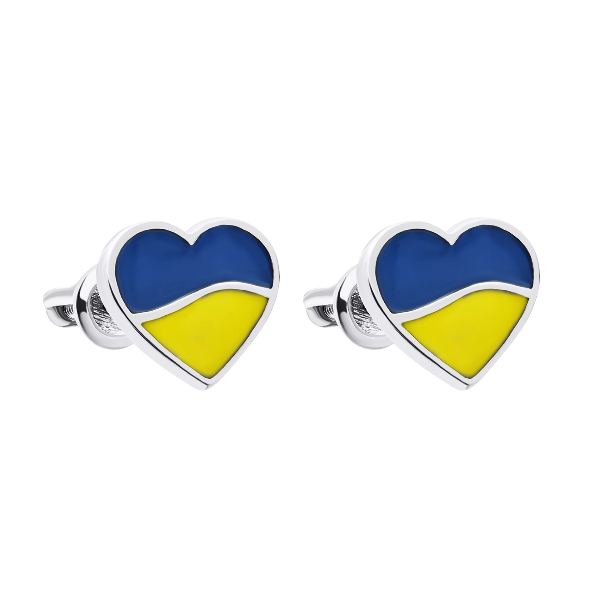 Серьги-гвоздики "Сердце Украины" серебряные с эмалью - 1586393 – изображение 1