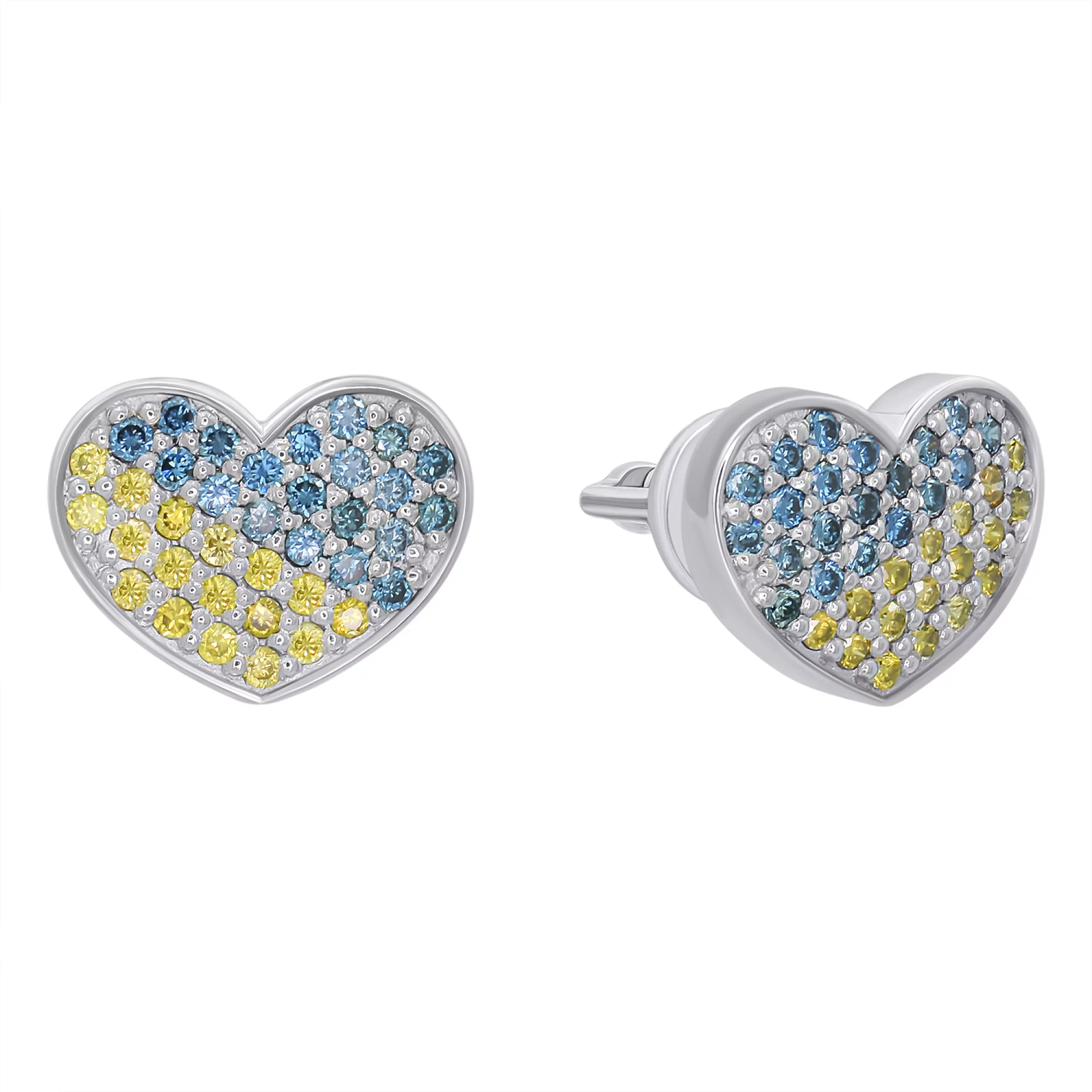 Сережки-гвоздики из белого золота с бриллиантами "Сердце Украины" - 1306457 – изображение 1