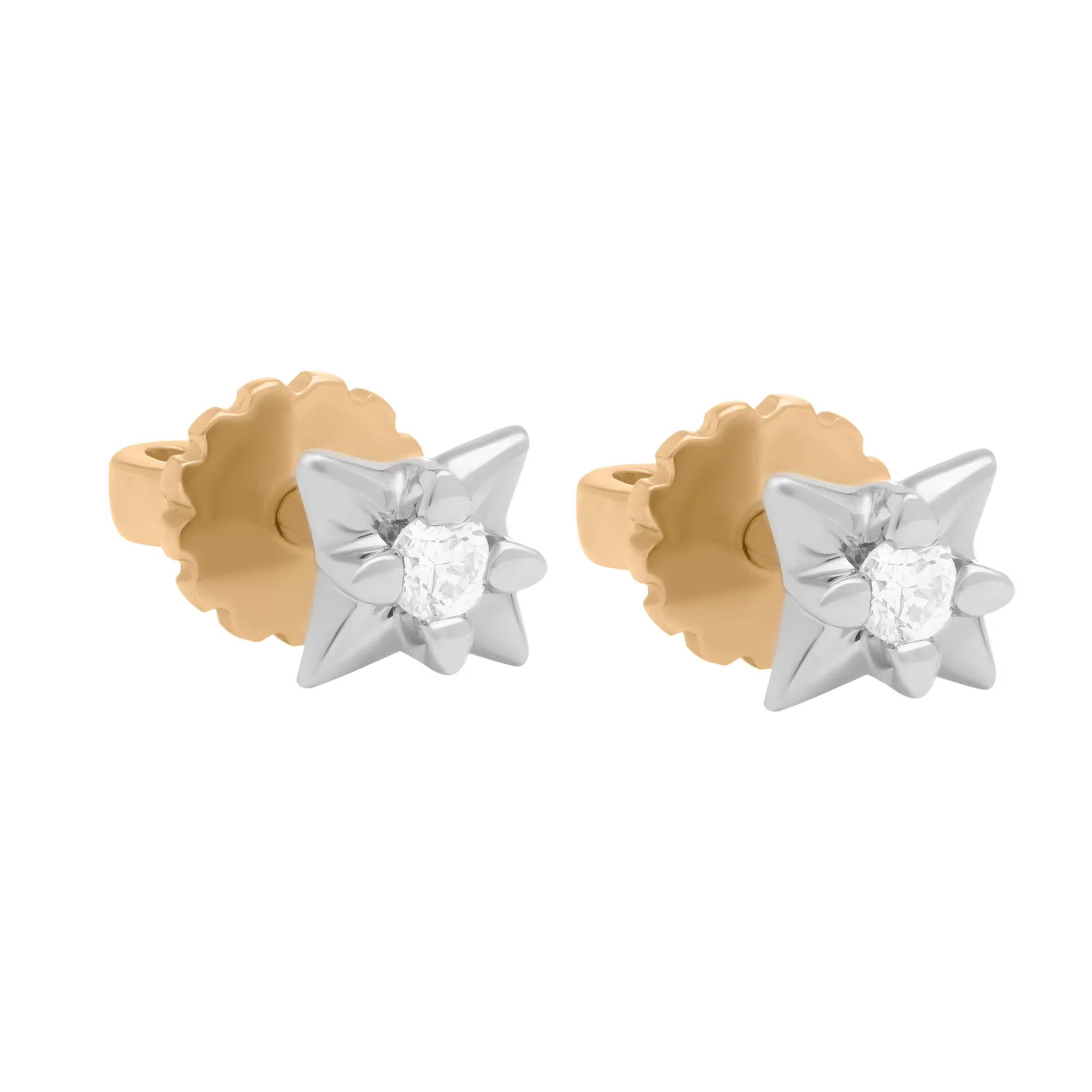 Сережки-гвоздики "Зірочки" з комбінованого золота з діамантом - 1750925 – зображення 1