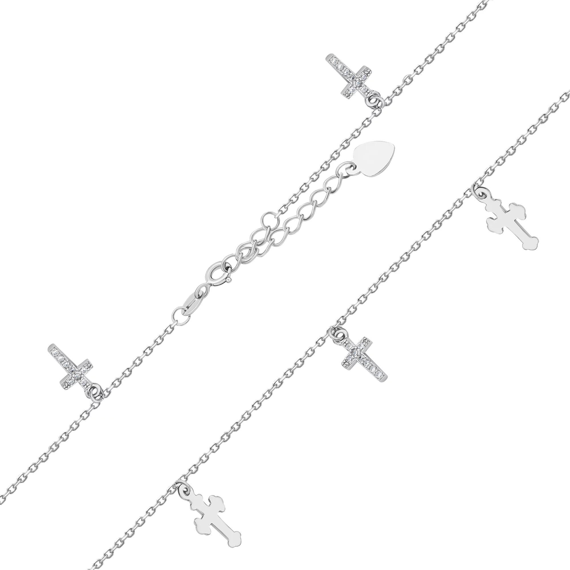 Срібний браслет на ногу "Хрестики" з фіанітом плетіння якір - 1545032 – зображення 2