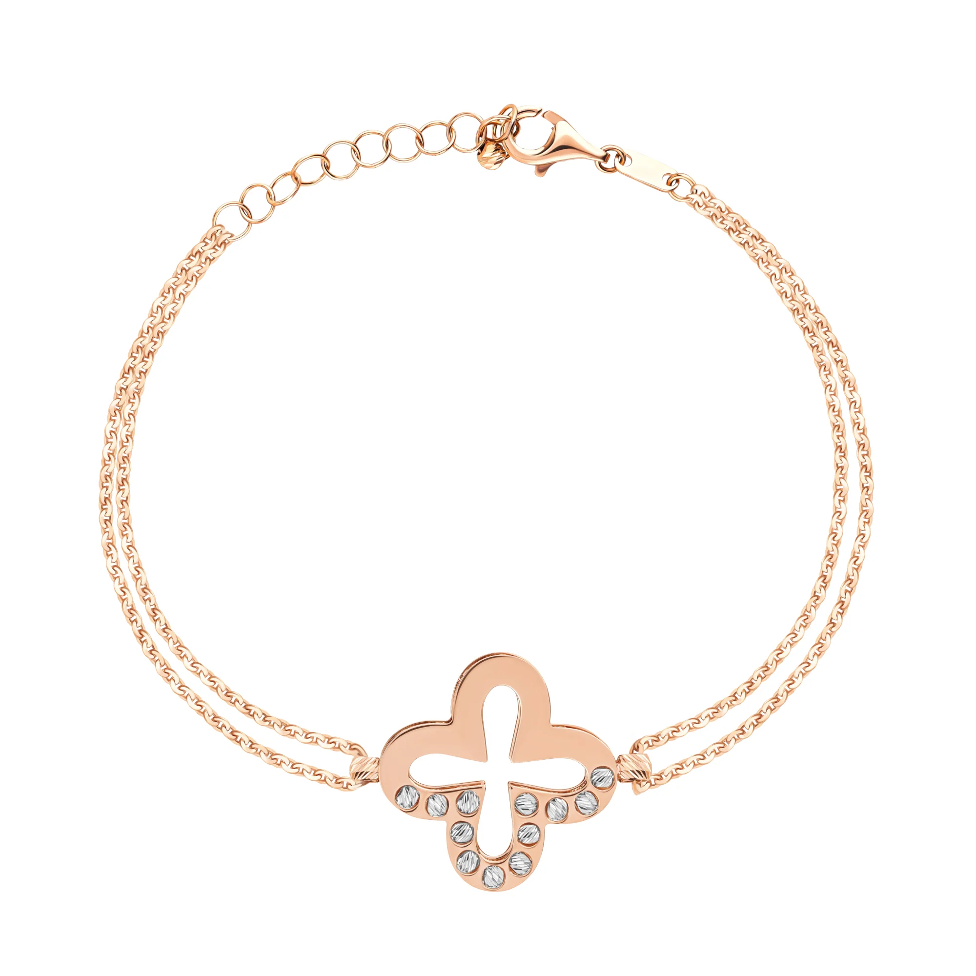 Елегантний подвійний браслет із комбінованого золота у формі квітки з діамантовою гранню та якірним плетінням - 1951431 - 1