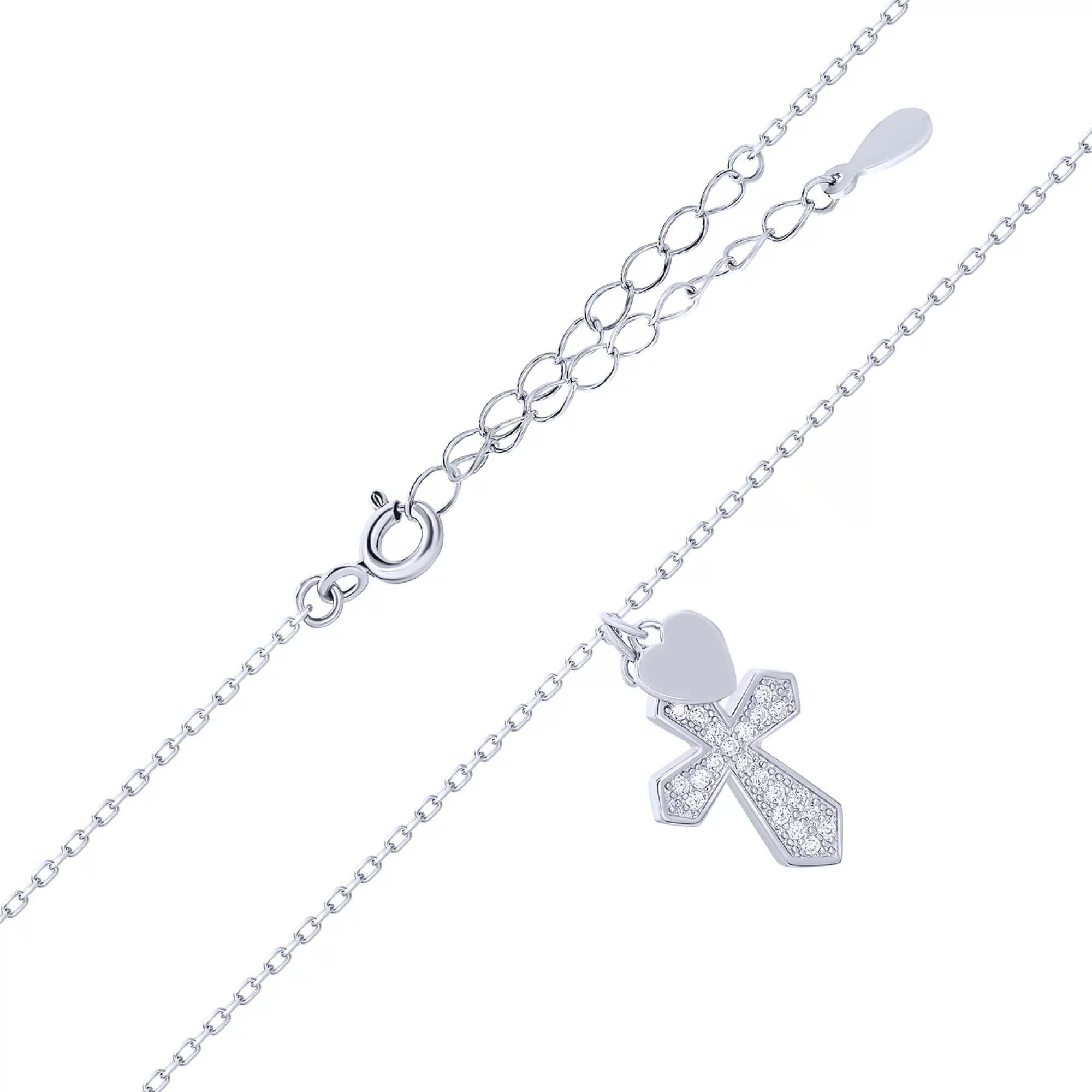 Ланцюжок срібний з підвісним хрестиком з фіанітами та перламутром плетіння якір - 1612969 – зображення 1