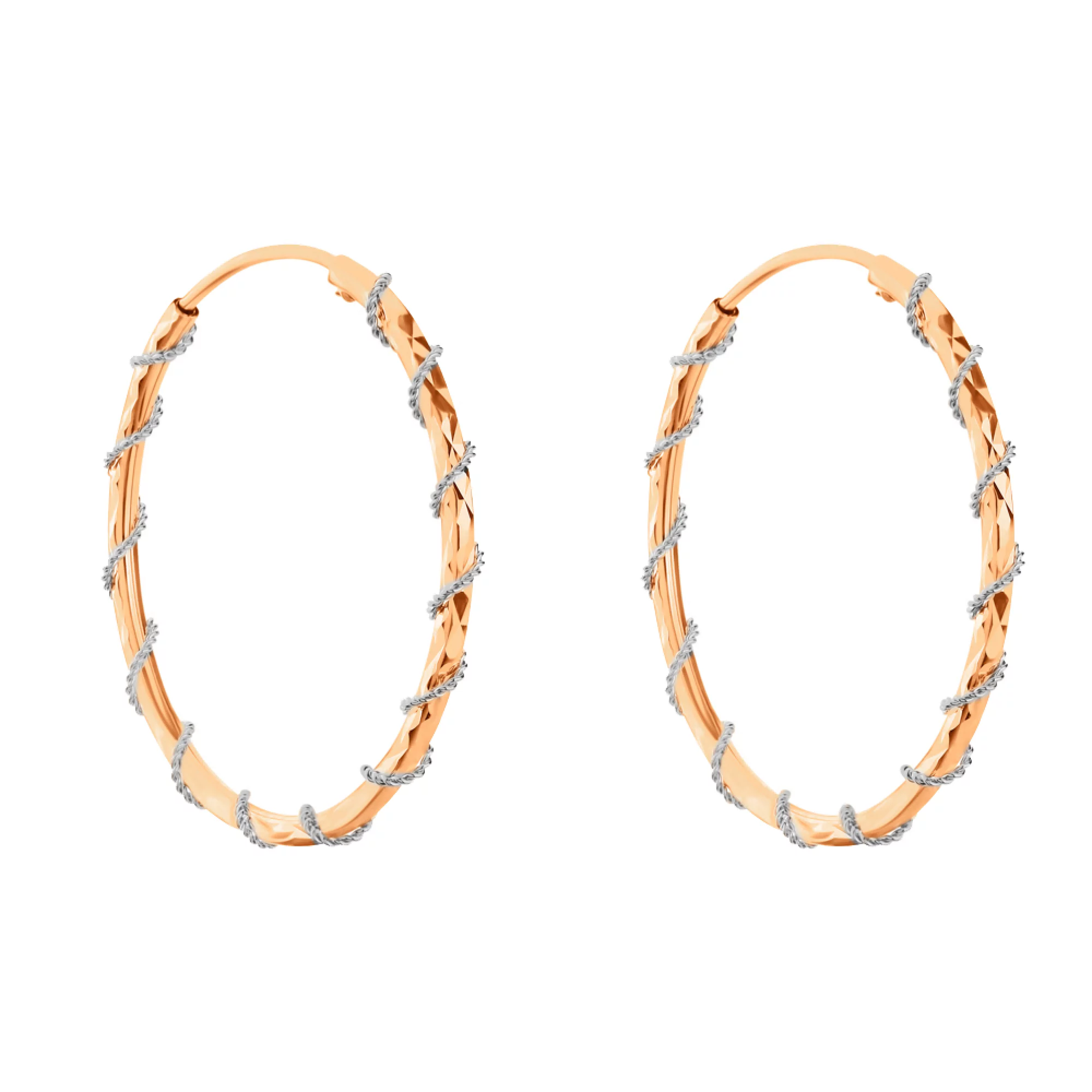 Сережки-кільця з комбінованого золота з алмазною гранню - 960288 – зображення 1