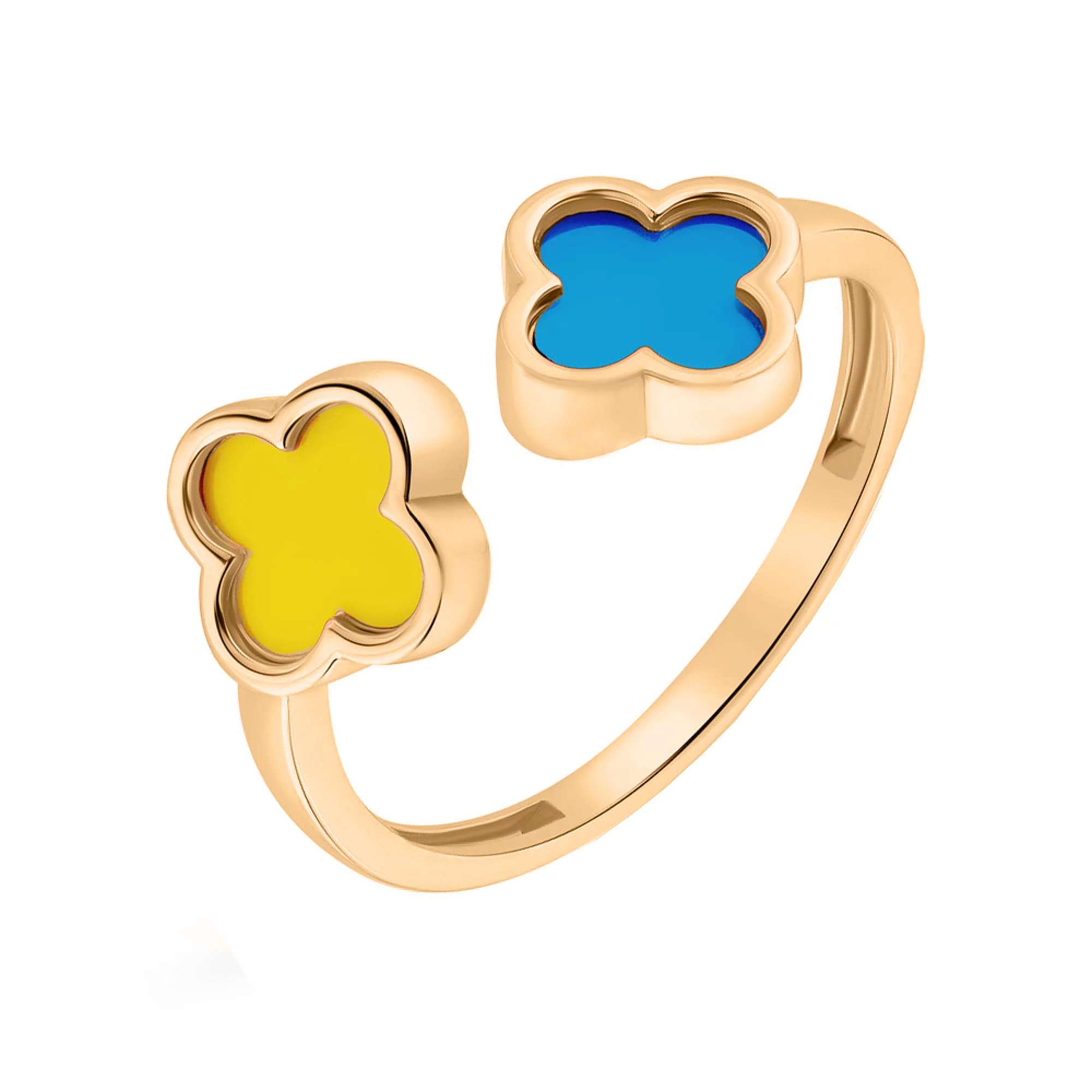 Золотое незамкнутое кольцо с синей и желтой эмалью  - 1636081 – изображение 1