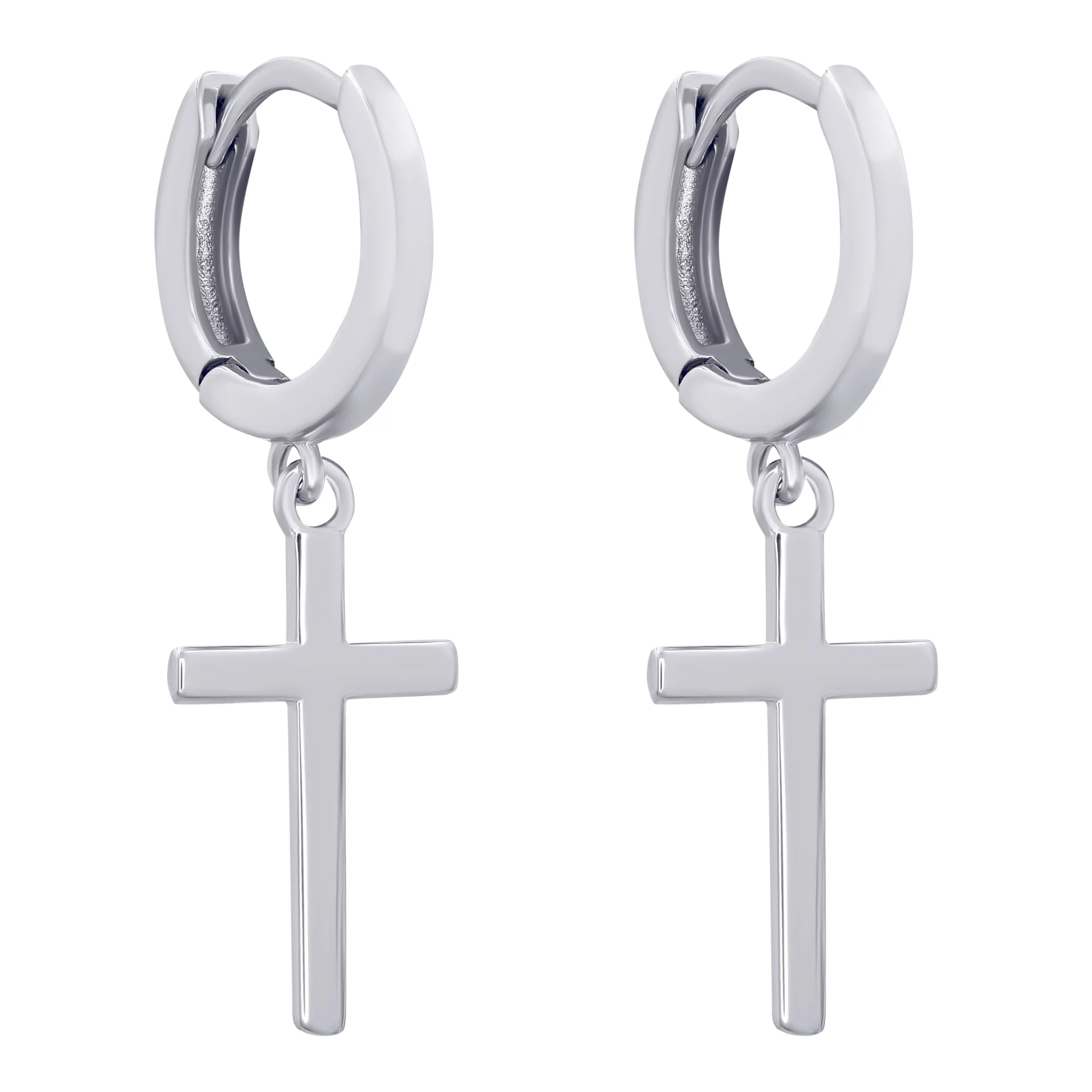 Сережки-кольца серебряные с подвесными крестиками - 896666 – изображение 1