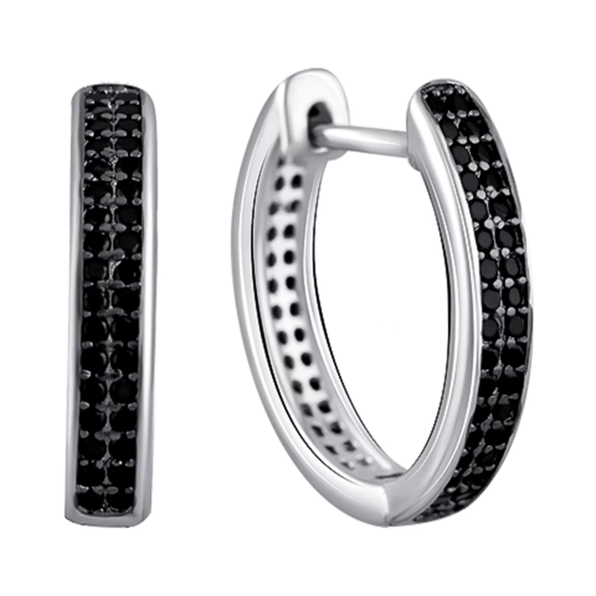 Сережки-кольца серебряные с черными фианитами - 1483997 – изображение 1