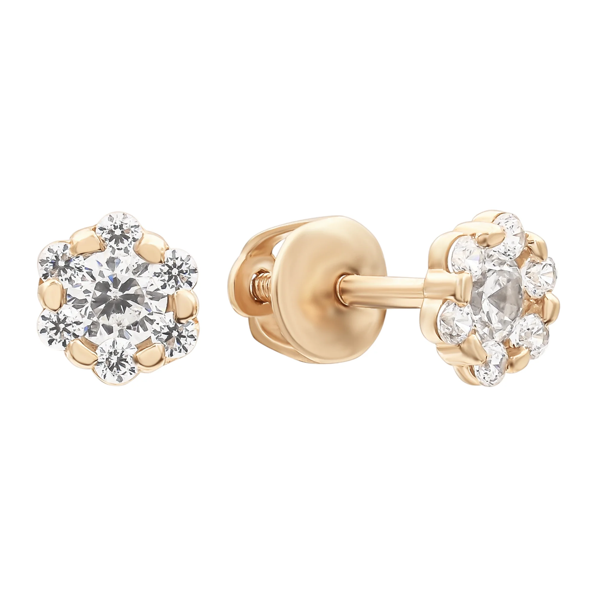 Сережки-гвоздики из красного золота с фианитами - 870405 - 2