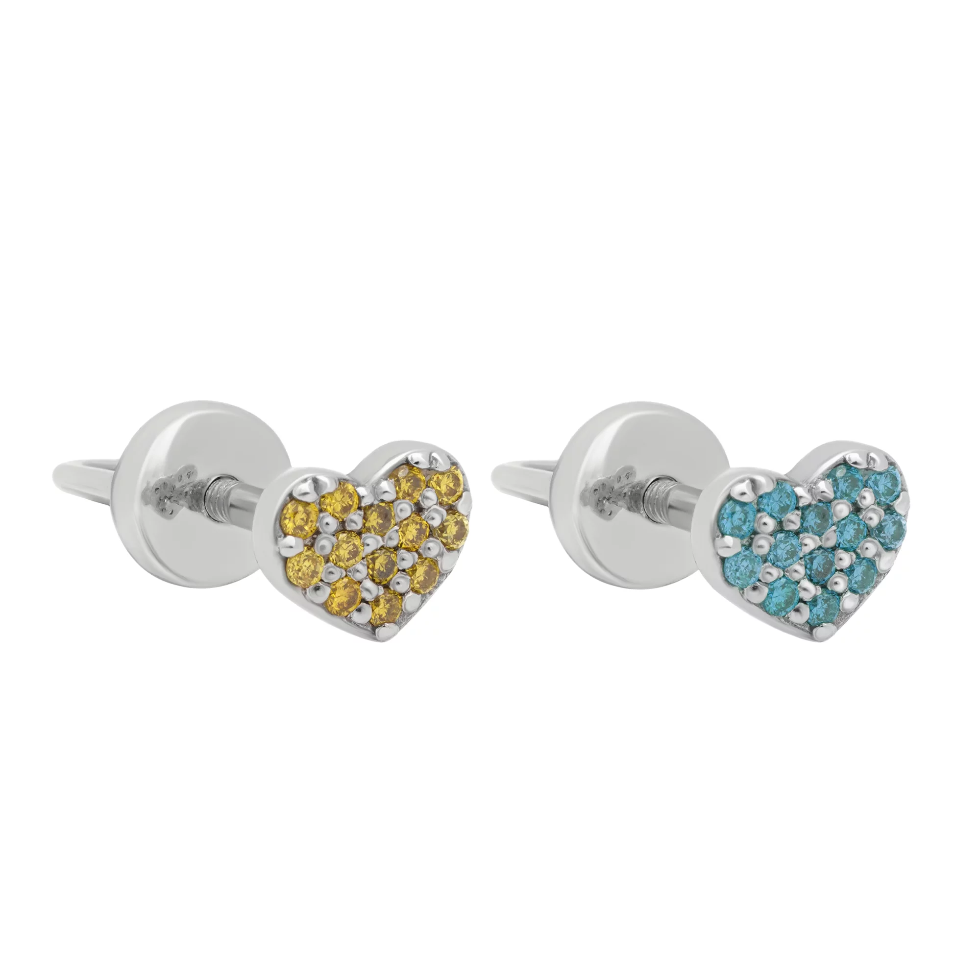 Сережки-гвоздики "Сердечки" с бриллиантами из белого золота - 1644747 – изображение 1