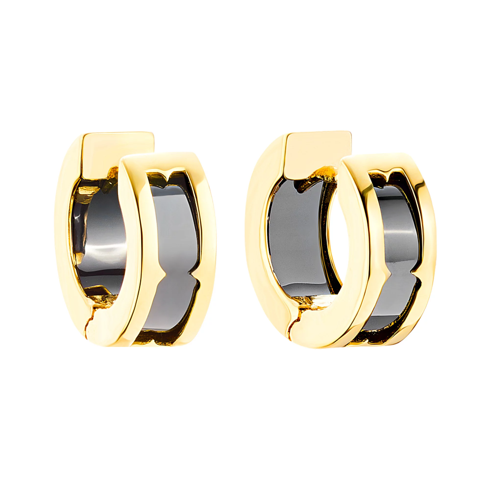 Сережки-кольца из лимонного золота с ониксом - 970162 – изображение 1