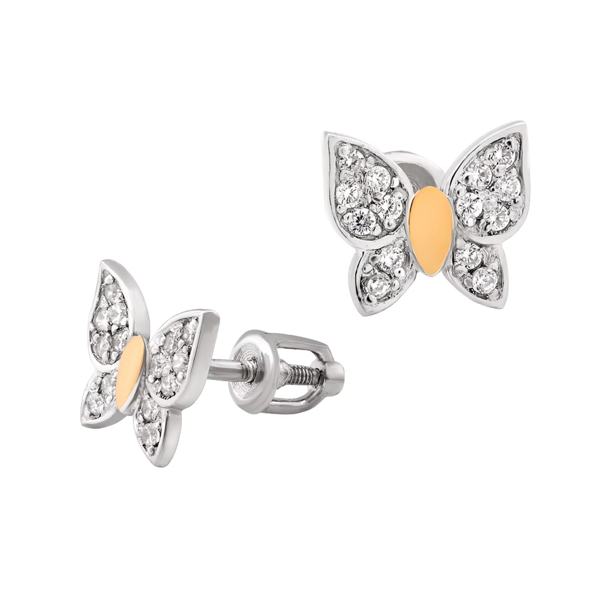 Сережки-гвоздики срібні з родіюванням, позолотою і фіанітом Метелики - 796521 – зображення 1