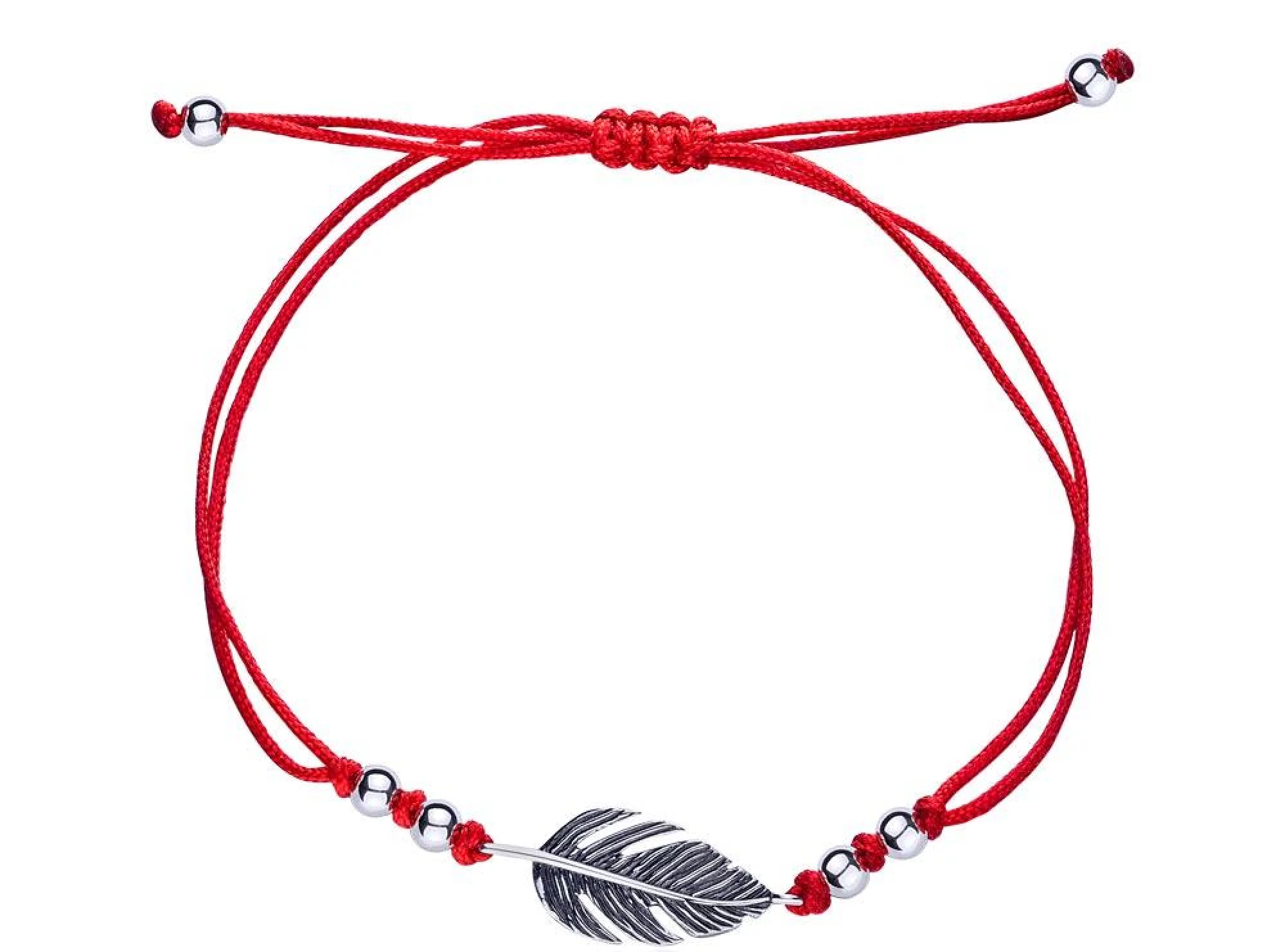 Браслет из красной нитки с серебряной вставкой "Перо" - 457902 – изображение 1