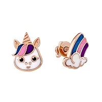 Стильні дитячі сережки-пусети "Єдиноріг" у червоному золоті з емаллю - 1973621