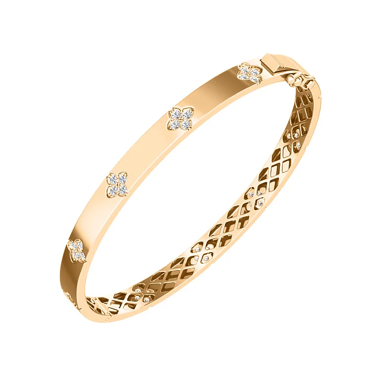 Жорсткий браслет із червоного золота "Квіти" з фіанітами - 2134590