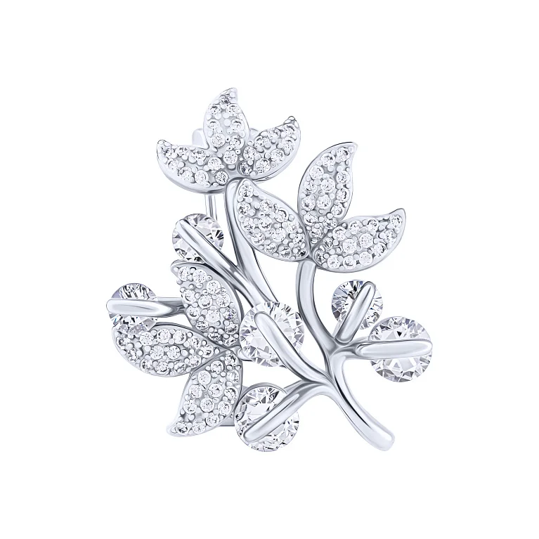 Срібна брошка "Гілочка з листям" з фіанітами - 2132245