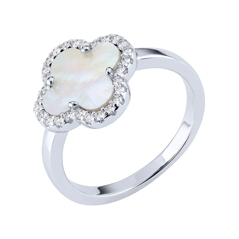 Кольцо "Клевер" из серебра с фианитами и перламутром - 2221554