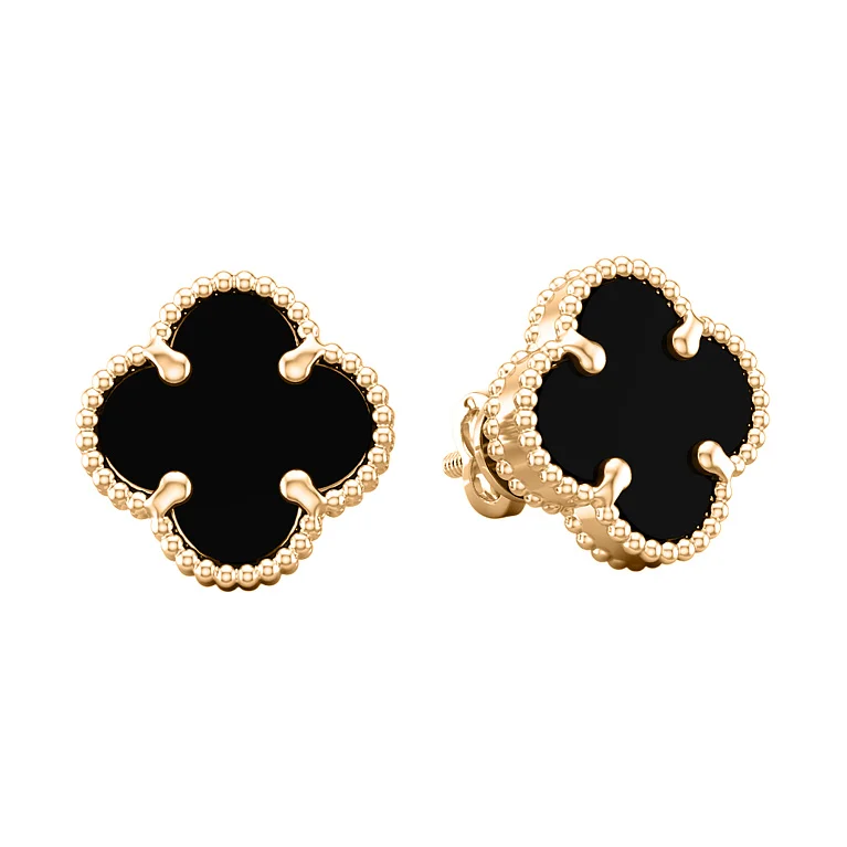 Сережки-пусети "Конюшина" із червоного золота з оніксом - 2134698