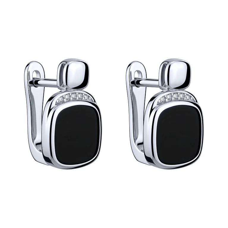 Геометрические серьги из серебра с ониксом и фианитами  - 2194621