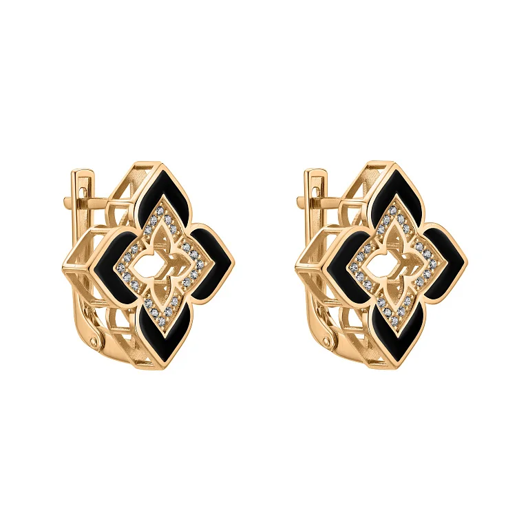 Серьги из красного золота "Цветок" с фианитами и эмалью - 2182472