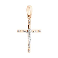 Хрестик з розп'яттям з комбінованого золота з фіанітами - 2147344