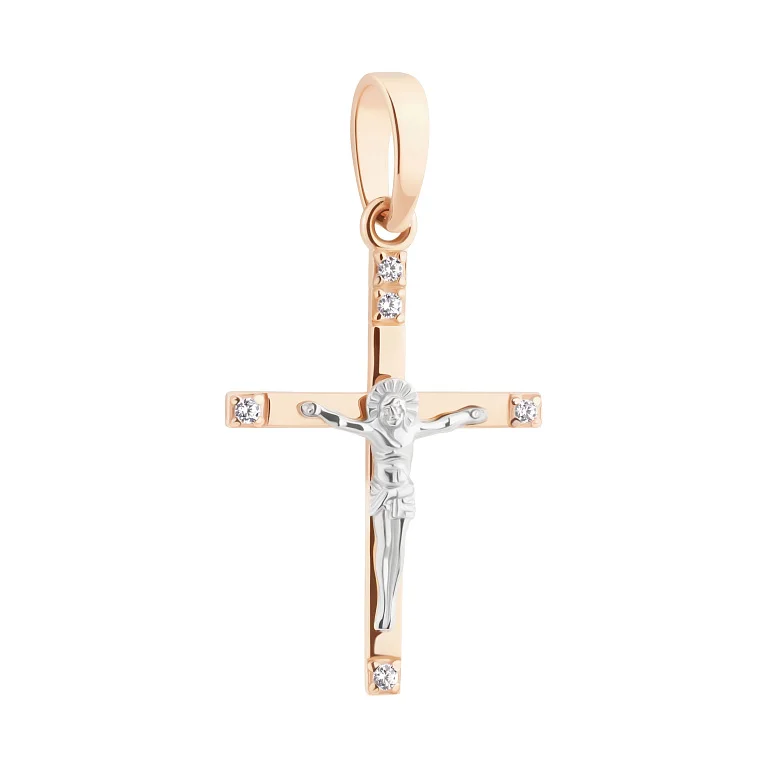 Хрестик з розп'яттям з комбінованого золота з фіанітами - 2147344