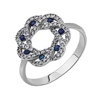 Стильное кольцо "Цветок" в белом золоте с сапфиром и бриллиантами - 1984580