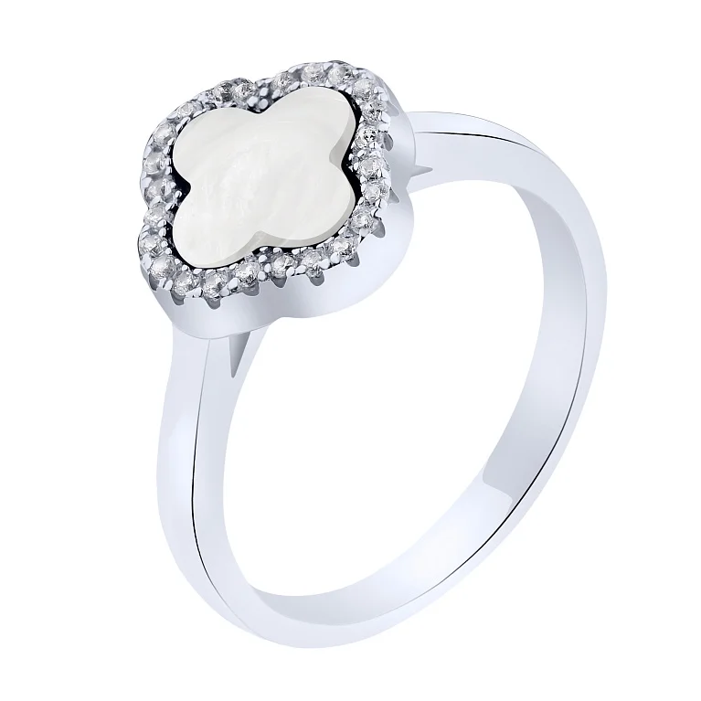 Кольцо "Клевер" из серебра с перламутром и фианитами - 2198966